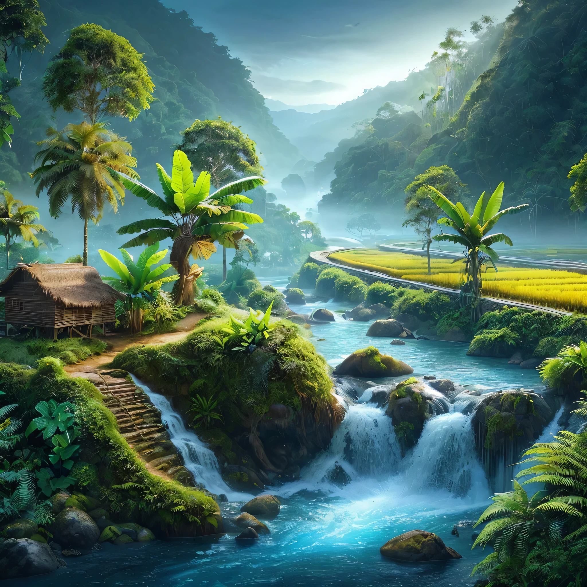 Create beautiful and enchanting hyperrealistic landscape images, coconut trees on the river bank, banana trees with partially dry leaves, fern trees. small waterfall flowing with clear blue water, surrounded by rocks and plants, dark forest, old huts in the middle of green and yellow rice fields, similar hills in the background