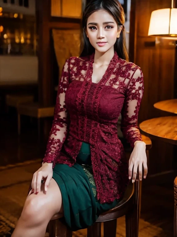 1 girl, indonesian dark color kebaya, sit on wooden chair, detailed eyes, most beautiful girl, crossing legs, polite pose