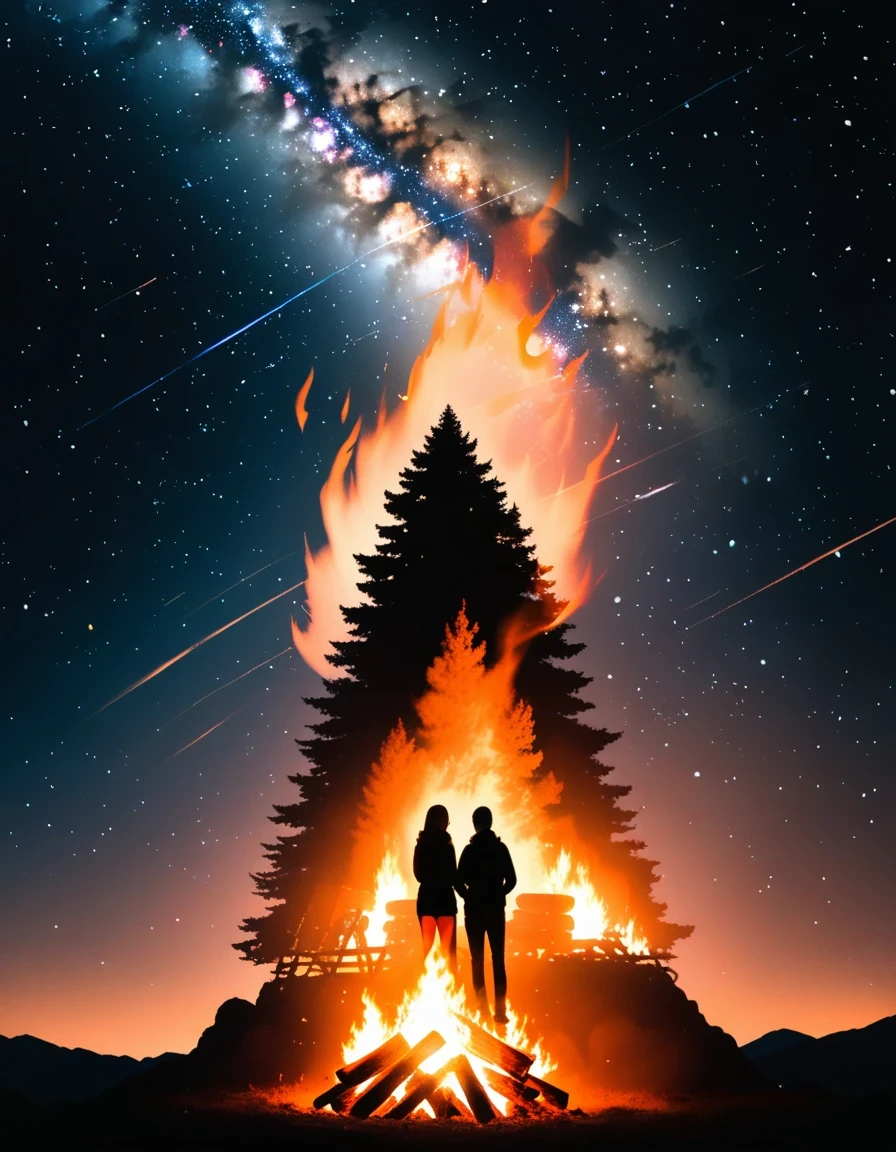 (Blazing bonfire:1.5),Starry Sky,double exposure