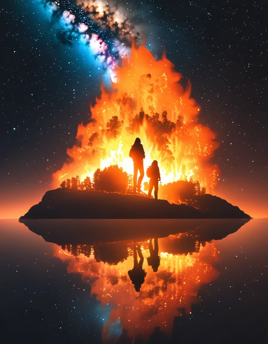 (Blazing bonfire:1.5),Starry Sky,double exposure