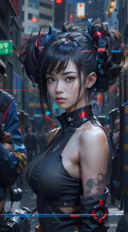 "Artistic Image NSFW (naked girl), The center of this scene is full body portrait a young very beautiful (sexy nude) Japanese girl 19 years old is a hacker full length . With a short haircut. Cyber-implants on the face and hands. Cyberpunk tattoos on the neck and arms. Short boots. Fishnet stockings. Stands full length in the middle of a dirty cyberpank city street. Drawing inspiration from Masamune Shirow, the illustration features sharp focus, smooth transitions, and an underlying watercolor aesthetic. The environment is filled with digital screens and neon lights, adding to the cyberpunk atmosphere.", 35mm, Medium Shot, Studio Lighting, Highly Detailed, Octane Render, ultra hd, realistic, vivid colors, highly detailed, UHD drawing, pen and ink, perfect composition, beautiful detailed intricate insanely detailed octane render trending on artstation, 8k artistic photography, photorealistic concept art, soft natural volumetric cinematic perfect light