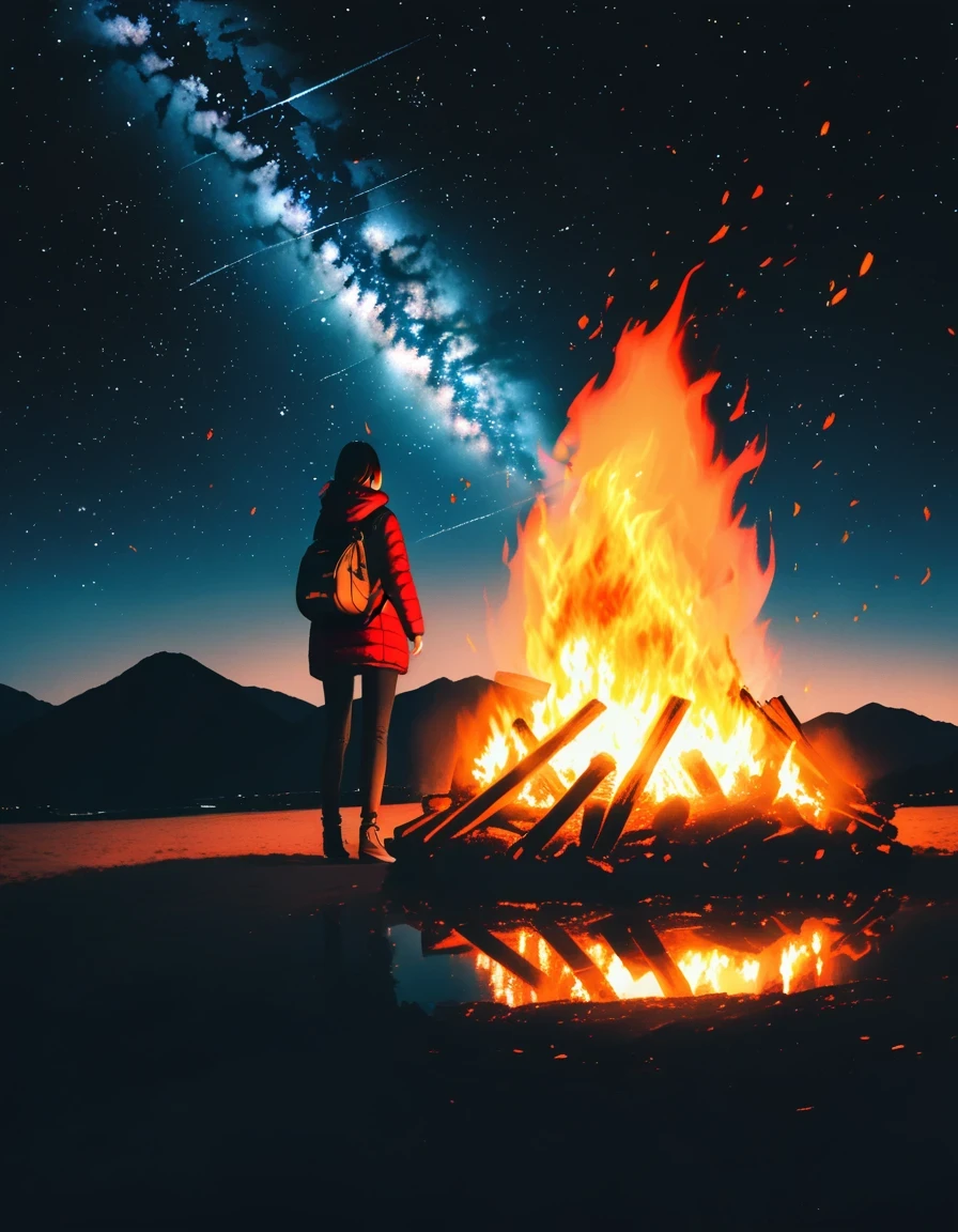 (Blazing bonfire:1.5),Starry Sky,double exposure