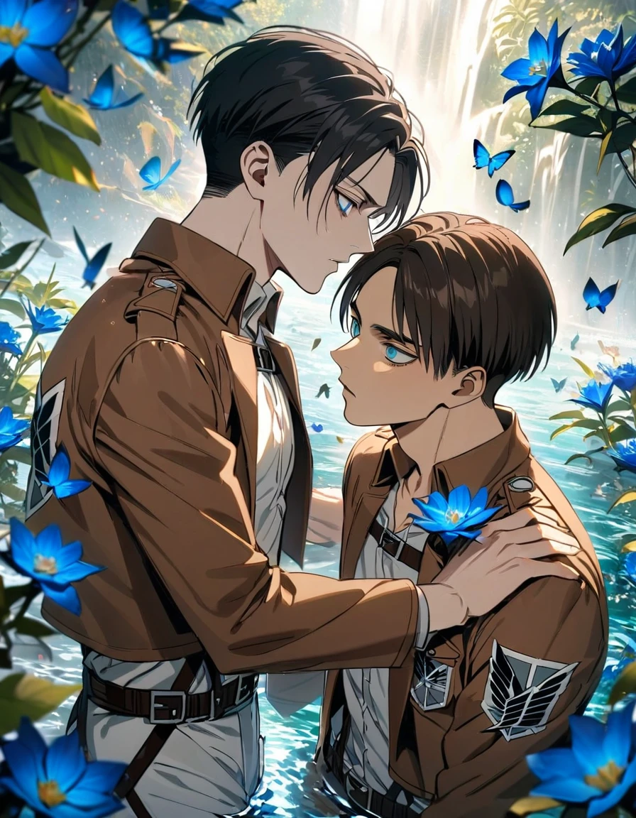 absurdres, highres, ultra detailed, HDR, masterpiece, extremely detailed face and eyes, Eren Yeager, brown hair, expressive turquoise eyes, Shingeki No Kyojin, Levi Ackerman, black hair, expressive blue eyes, two sexy men together, gay couple, very handsome, water, blue lilies, petals, butterflies, brown jacket, white pants