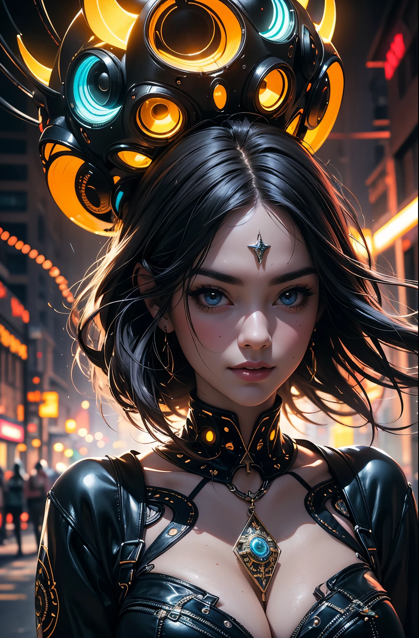 Centered, symmetrical, portrait official art, unity 8k wallpaper, ultra detailed, beautiful and aesthetic, masterpiece, best quality, (zentangle, mandala, tangle, entangle), (fractal art:1.3) , 25 year old woman, happy sexy smile, extremely detailed, dynamic angle, vivid colours, romanticism, atmospheric, ecstasy of musical notes, streaming musical notes visible. Luminous light. Luminous, 4K, highly detailed Cyberpunk alley at night.