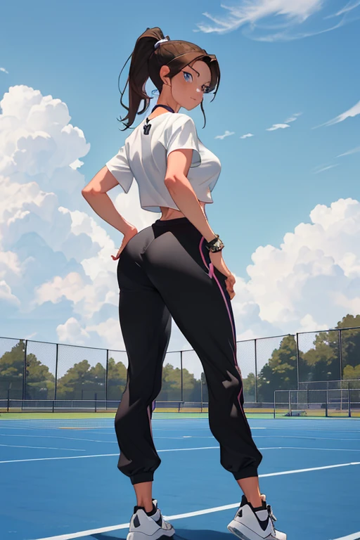 Masterpiece, high resolution, high quality, intricate details, anime girl, full body portrait, back view, 36 year old woman, attractive woman, mature face, mature beauty, brown hair, short ponytail, blue eyes, athletic body, medium breasts, curvy hips, arrogant smile, ((Wearing: White Gym T-shirt, Black Gym sweat pants, whistle necklace and black tennis shoes)), standing, hands on hips, looking from behind, (Background: outdoors, middle school track field, blue sky, clouds in the sky),