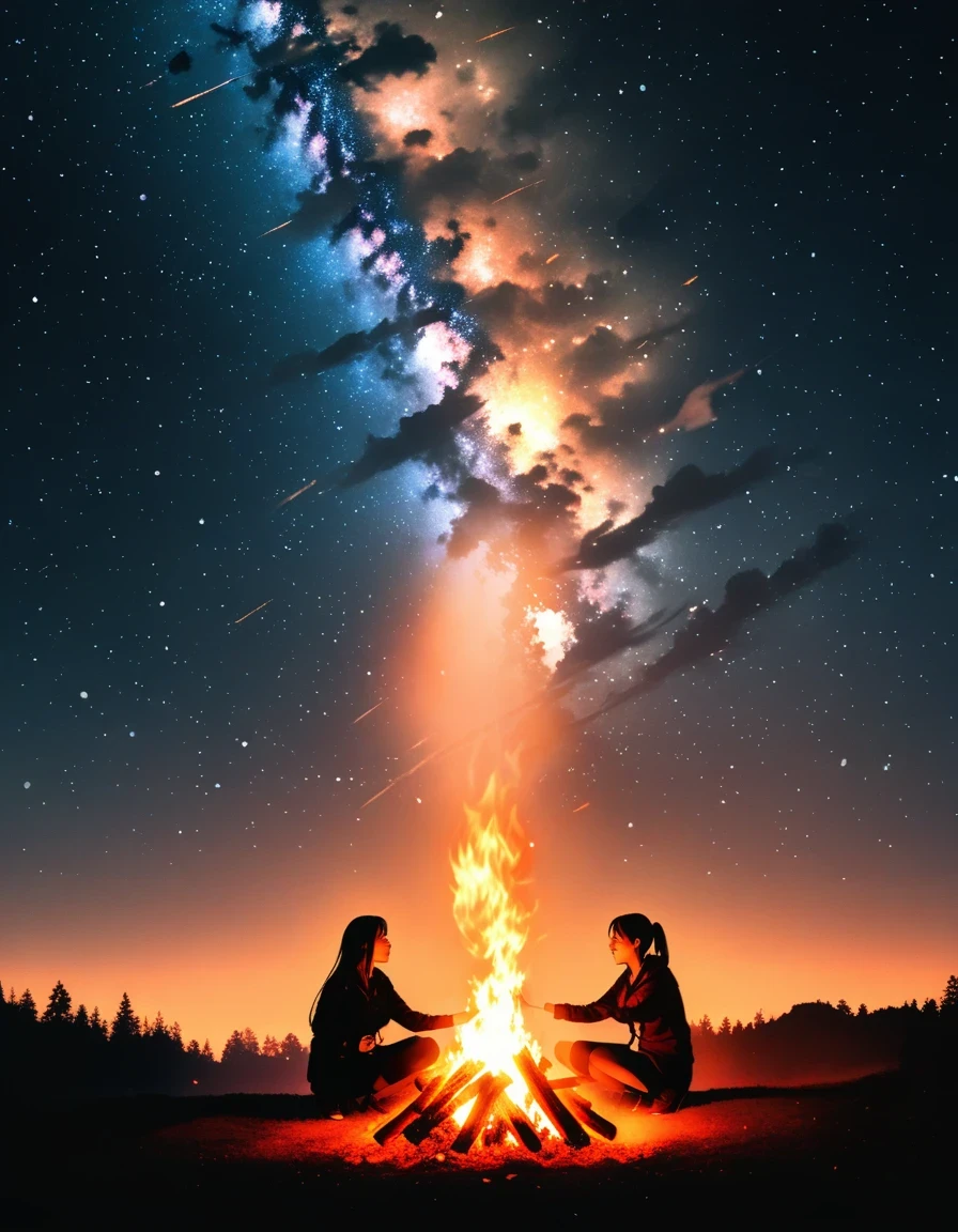 (Blazing bonfire:1.5),Starry Sky,double exposure