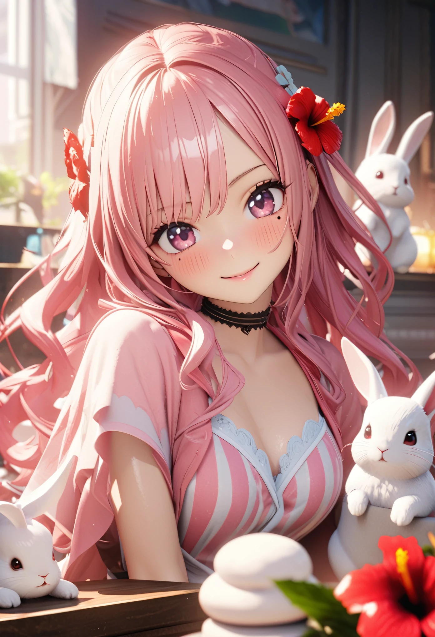 masterpiece, highest quality, Very detailed, High resolution, An expensive solution, High resolution, 4K, 8k, unity 8k wallpaper, Very detailed CG, masterpiece,  2D, 3D, Beautiful details, depth, Fine texture, highest quality: 1.3, Total concentration, Crisp skin, he, Very cute anime rabbit, A cute rabbit like an idol, expensive pink long hair, One Girl, Aloha One Piece, morning, morning食, Hibiscus Hair Accessories, Smiling long pink hair, whole body, Mole under the eye, Line Sight, expensive, blush, Lips parted, heart, Pink Eyes, choker