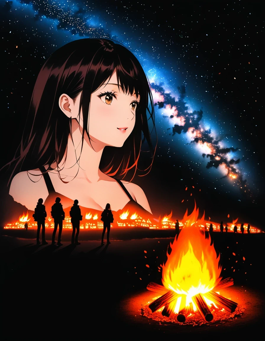 (Blazing bonfire:1.5),Starry Sky,double exposure