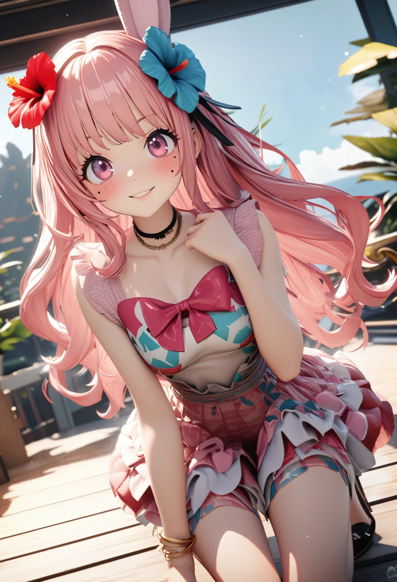 masterpiece, highest quality, Very detailed, High resolution, Expensive resolution, High resolution, 4K, 8k, unity 8k wallpaper, Very detailed CG, masterpiece, 2D, 3D, Beautiful details, depth, Fine texture, highest quality: 1.3, Total concentration, Crisp skin, he, Very cute anime rabbit, A cute rabbit like an idol, expensive pink long hair, One Girl, Aloha One Piece, morning, morning食, Hibiscus Hair Accessories, Smiling long pink hair, whole body, Mole under the eye, Line Sight, expensive, blush, Lips parted, heart, Pink Eyes, choker