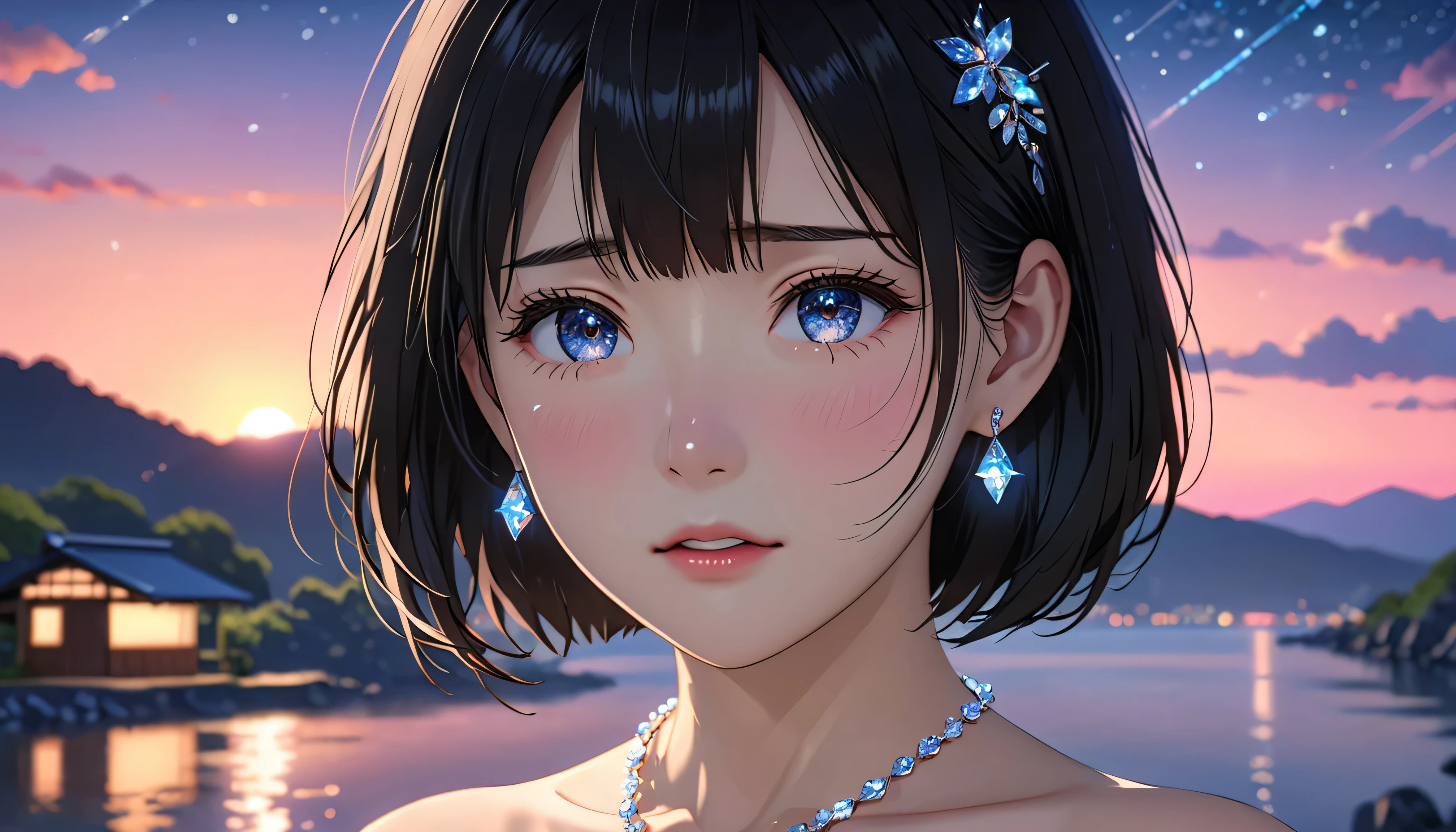 National Science Foundation,masterpiece,High resolution,8K,Art,digit,Three-dimensional,symmetrical picture,Kyoto Animation Style,your name movie style,Facing the camera,night,midnight,Soft Light,Glowing skin,(1 female: 1.3),(alone: 1.4),(((Black hair))),(Naked upper body),(crystal hairpin),(crystal necklace),(crystal earrings),(There is a tear mole under the left eye),Long eyelashes,slender legs,Short Bob,Close-up of upper body,Close-up,close view,nightstarry sky,The brightly lit coast in the distance,sunset,(Starry eyes),(Blushed),(shy),(shy),(open mouth),(((cry))),(((shed tears))),(((feel sad)))