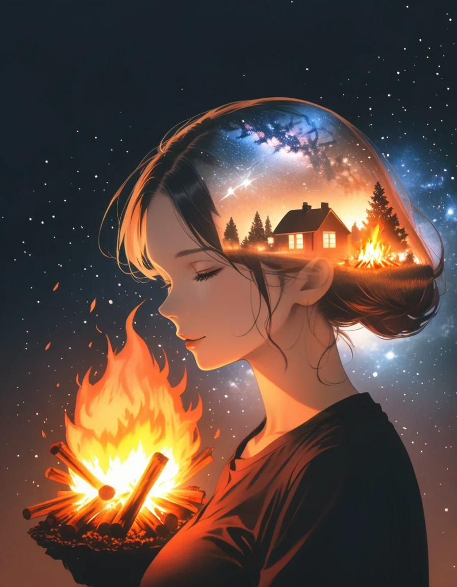 (Blazing bonfire:1.5),Starry Sky,double exposure