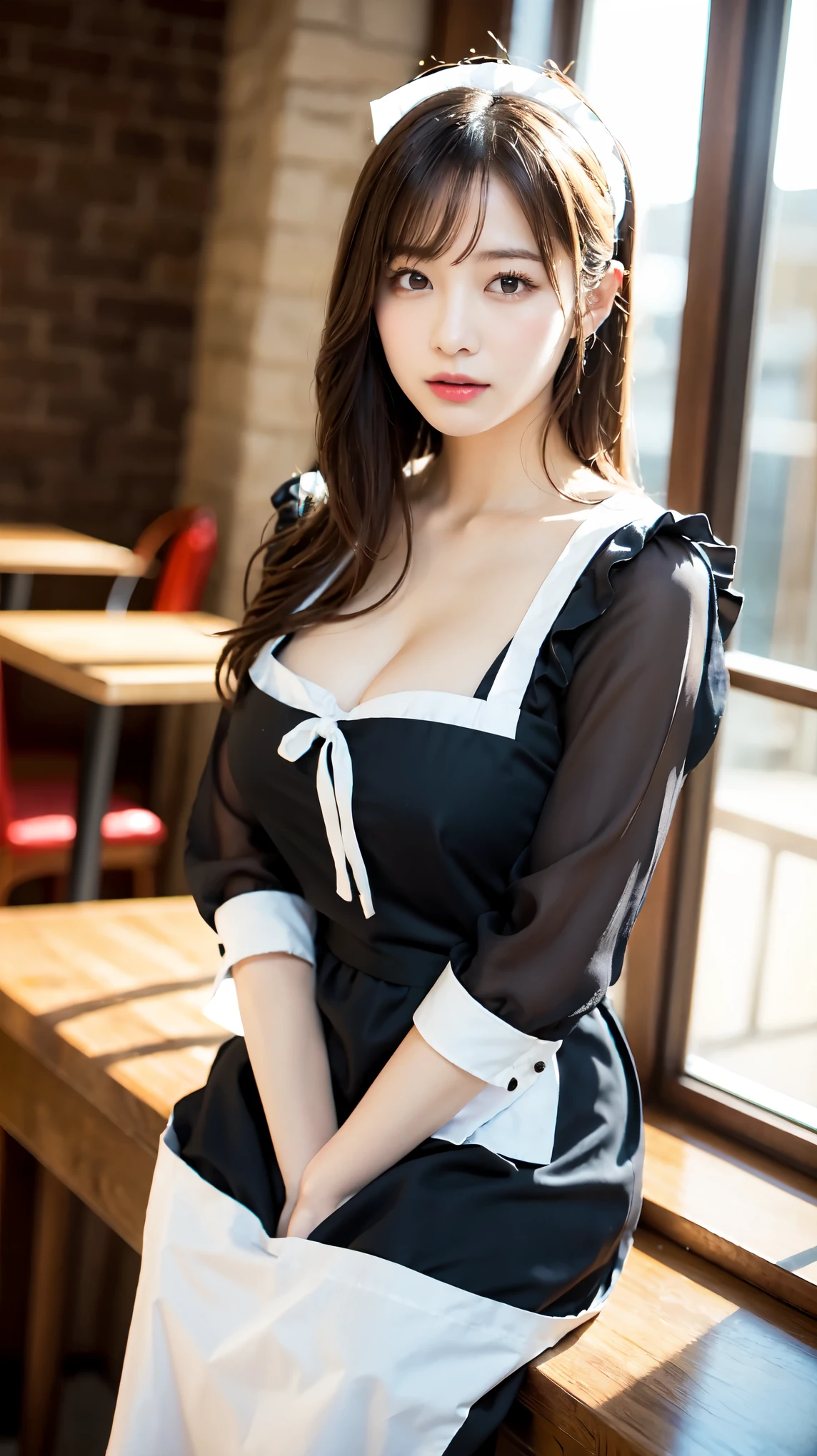 One Girl, apron, Black dress,  blush, Braiding, dress, Eyebrows visible through hair, Big Breasts, valley, My chest is exposed, Beautiful nipples, Frills, gloves, Hair between the eyes, jewelry, Juliet Sleeve, Long sleeve, Maid, Maid apron, Maidの頭飾り, Puffy sleeves, short hair, Sitting, White apron, window, Huge 、Nogizaka Idol、Korean Idol、Gravure idol pose、actress、Age 25、expensive、Cafe、restaurant, Official Art，Highly detailed CG Unity 8k wallpaper, (masterpiece:1.0),(highest quality:1.0), photo shoot, 8k, Browsing Caution, High resolution, Kodak Portrait 400, Film Grain, Lens flare brilliance,Show Viewer