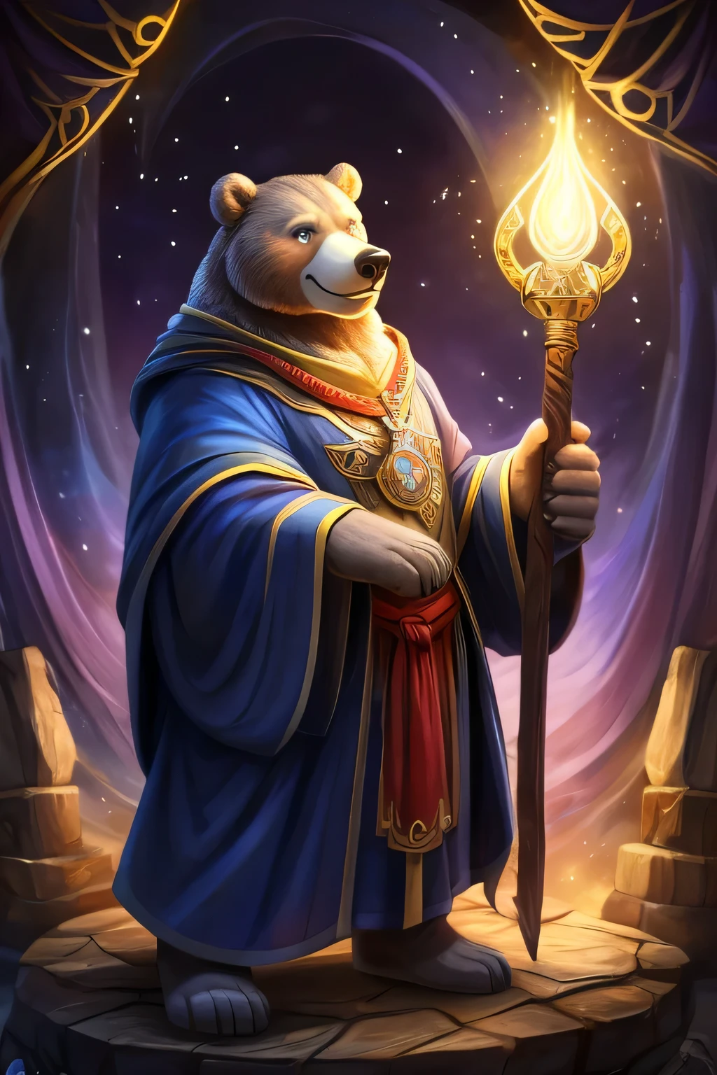 In the whimsical world of cartoons, our light grey wizard bear bursts onto the scene with an infectious charm and a hint of mischief twinkling in his eyes. His fur, a soft shade of grey, exudes a comforting warmth that contrasts with the fantastical elements of his attire.
Perched jauntily atop his head sits a pointed wizard's hat, adorned with stars and moons that seem to shimmer and twinkle with every movement. From beneath its brim, a tuft of fur peeks out, adding to the bear's endearing appearance.
Sporting a long, flowing robe in rich hues of blue and gold, our bear wizard cuts a striking figure against the backdrop of his magical realm. The robe billows behind him, as if caught in an invisible breeze, adding a sense of movement and dynamism to the scene.
But it's his accessories that truly set him apart as a master of the arcane arts. Strapped to his back is a worn and weathered spellbook, its pages filled with ancient incantations and mystical diagrams. In one paw, he clutches a gnarled wooden staff, its tip aglow with a soft, pulsating light that hints at the power contained within.
Despite his formidable appearance, there's a mischievous glint in our wizard bear's eye, a playful spark that suggests he's just as likely to use his magic for tricks and pranks as he is for acts of heroism. With a wink and a smile, he invites you to join him on a journey through a world where anything is possible – a world where even a humble bear can become a legendary wizard.