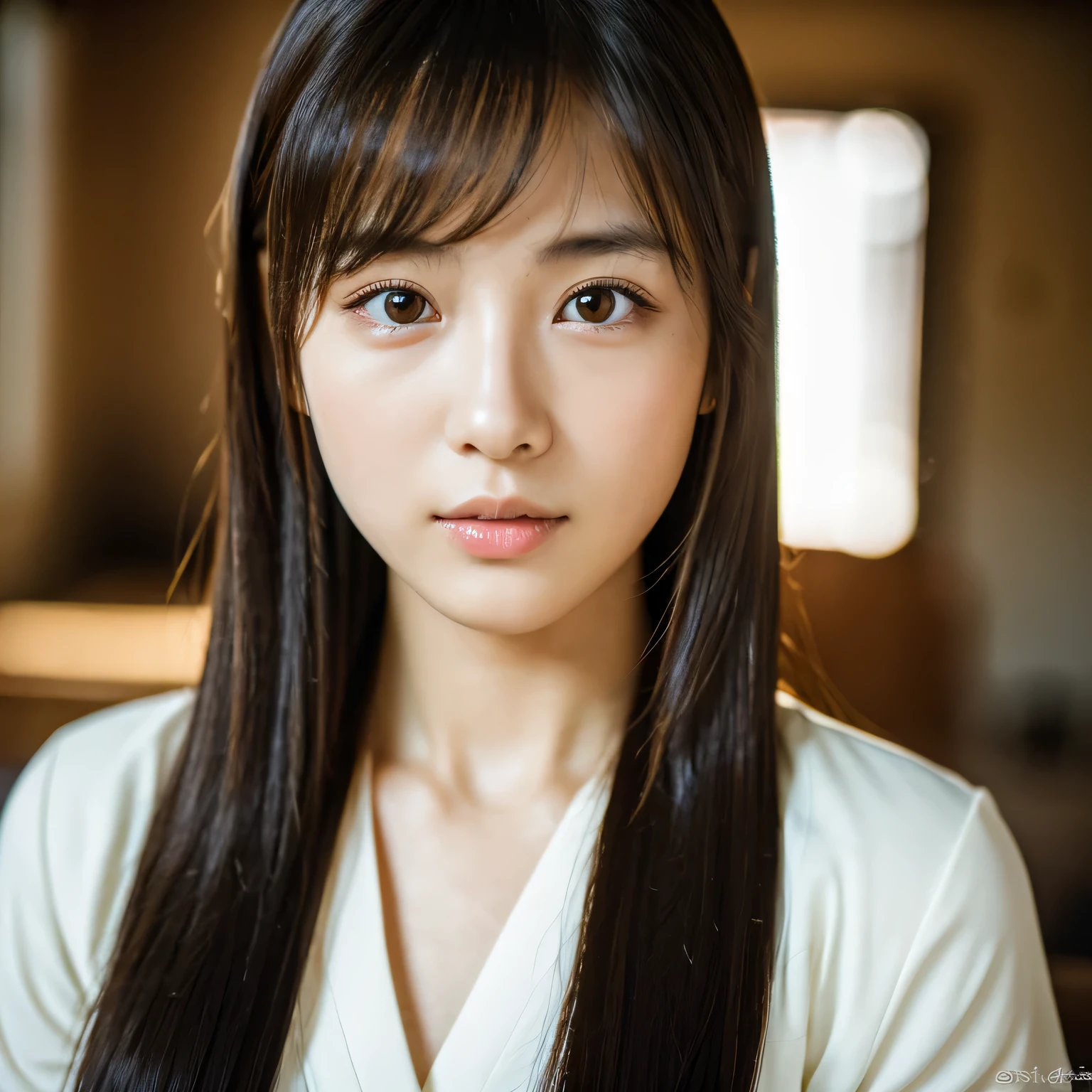highest quality, face focus, soft light, ultra high resolution, (realistic:1.4), Raw photo, 1 Japanese girl, alone, cute, (pupil, There's a light in my eyes), detailed beautiful face, (),(High resolution details of human skin texture), (long hair), indoor, (portrait)、black camisole