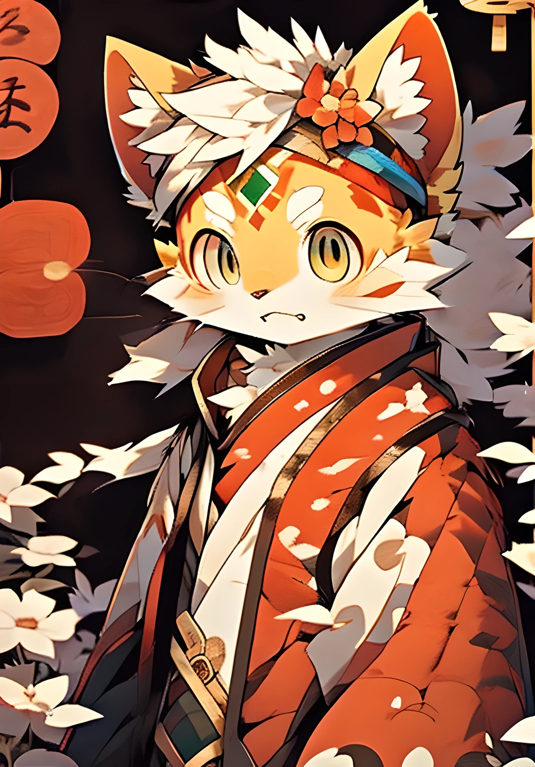 (Dark Environment:0.8),masterpiece,high quality,abstract research,number\(artwork\), By Dagasi, Yes,green hills,(Flower charcoalo,Fluffy fur,character focus:1.1),Flower charcoalo male cat,short hair,portrait , Bright Eyes, panoramic, character focus.(Detailed background:0.7), Solitary, hairy, hairy male, Male focus, Flower charcoal,(Hairy, hairy tail, White fur, Red Eyes, white hair:1.2), (((Long canine teeth、Chinese culture、Tattoo is：1.2)))，（Internal、night、Chinatown：1.1）Hanfu，Boys，
