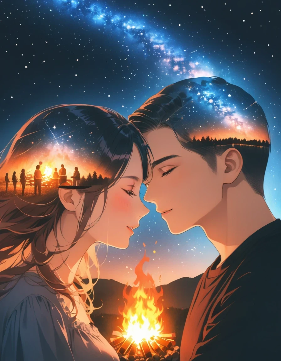 (bonfire:1.5),Starry Sky,Portrait of couple in love,double exposure,,