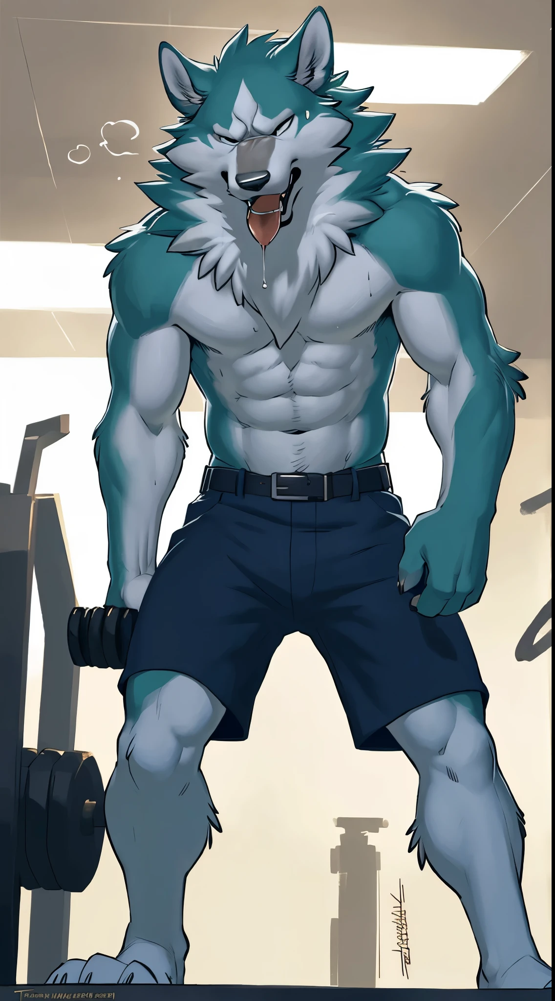 Front view, (modern):1 full height, shirou Ogami, male, adult, solo, skinny:1.2, slim:1.4 build, tall, (dark blue shorts), paws, correct anatomy, tail, skinny:1.9, grumpy, exhausted, pen mouth (steaming breath:1.2, drooling, dripping saliva, thick drool) tongue sticking out, sweat:1.4, exercising (crunches):1.2, gym background, (masterpiece:1.2), epic, natural lighting, (by takemoto arashi, by meesh, by Taran Fiddler)