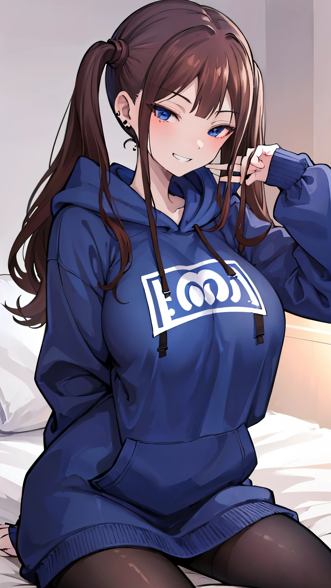 (masterpiece、highest quality、Super detailed)、One girl、Brown Hair、twintails、Blue eyes、evil smile、((Grin))、Earrings、big breasts、((navy blue hoodie))、((black pantyhose))、Cowboy Shot、Sit on the bed、Bedroom Background