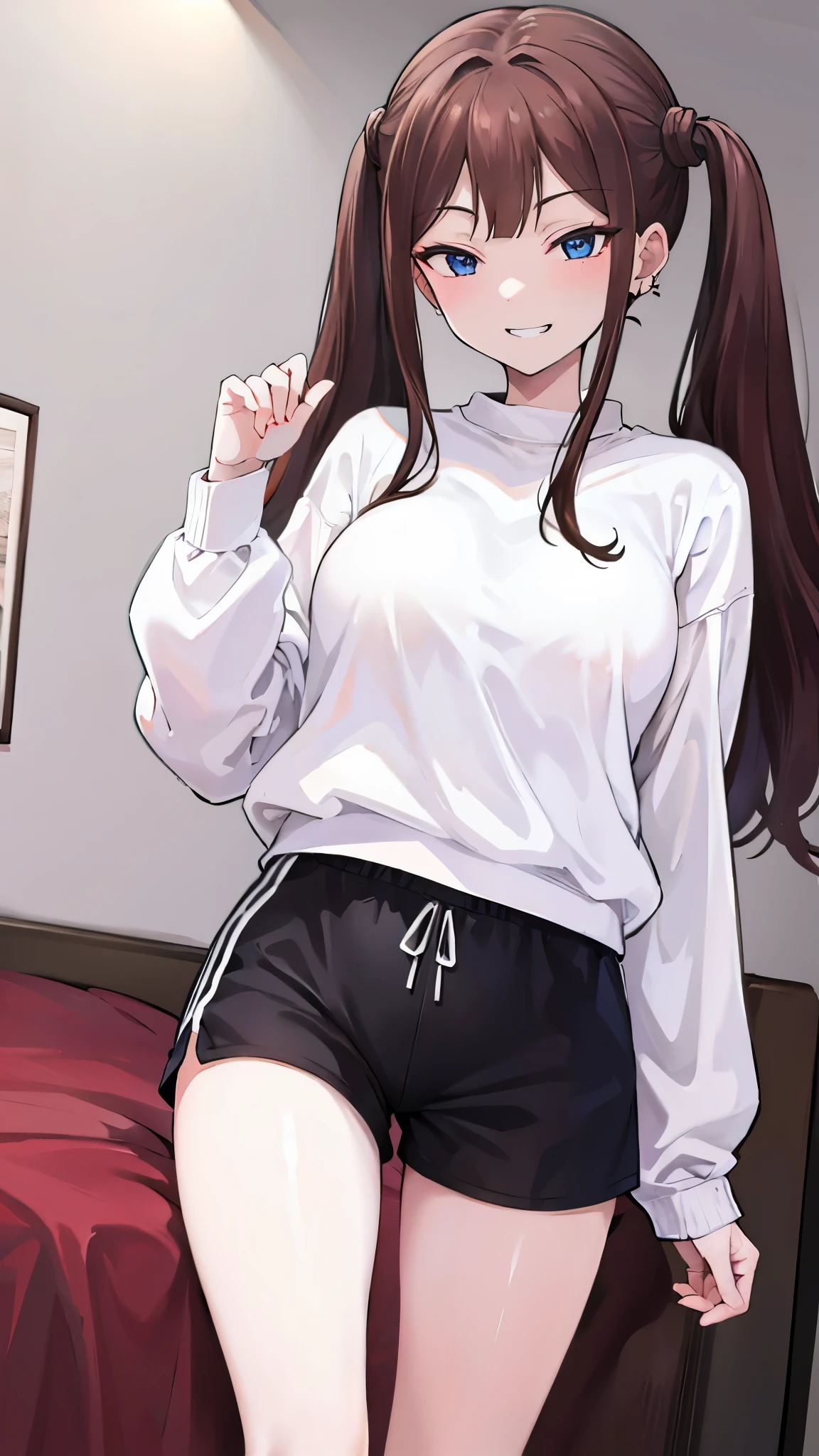 (masterpiece、highest quality、Super detailed)、One girl、tsubame、Brown Hair、twintails、Blue eyes、evil smile、((Grin))、Earrings、big breasts、((White sweater))、((black sports short shorts))、Cowboy Shot、Are standing、Bedroom Background
