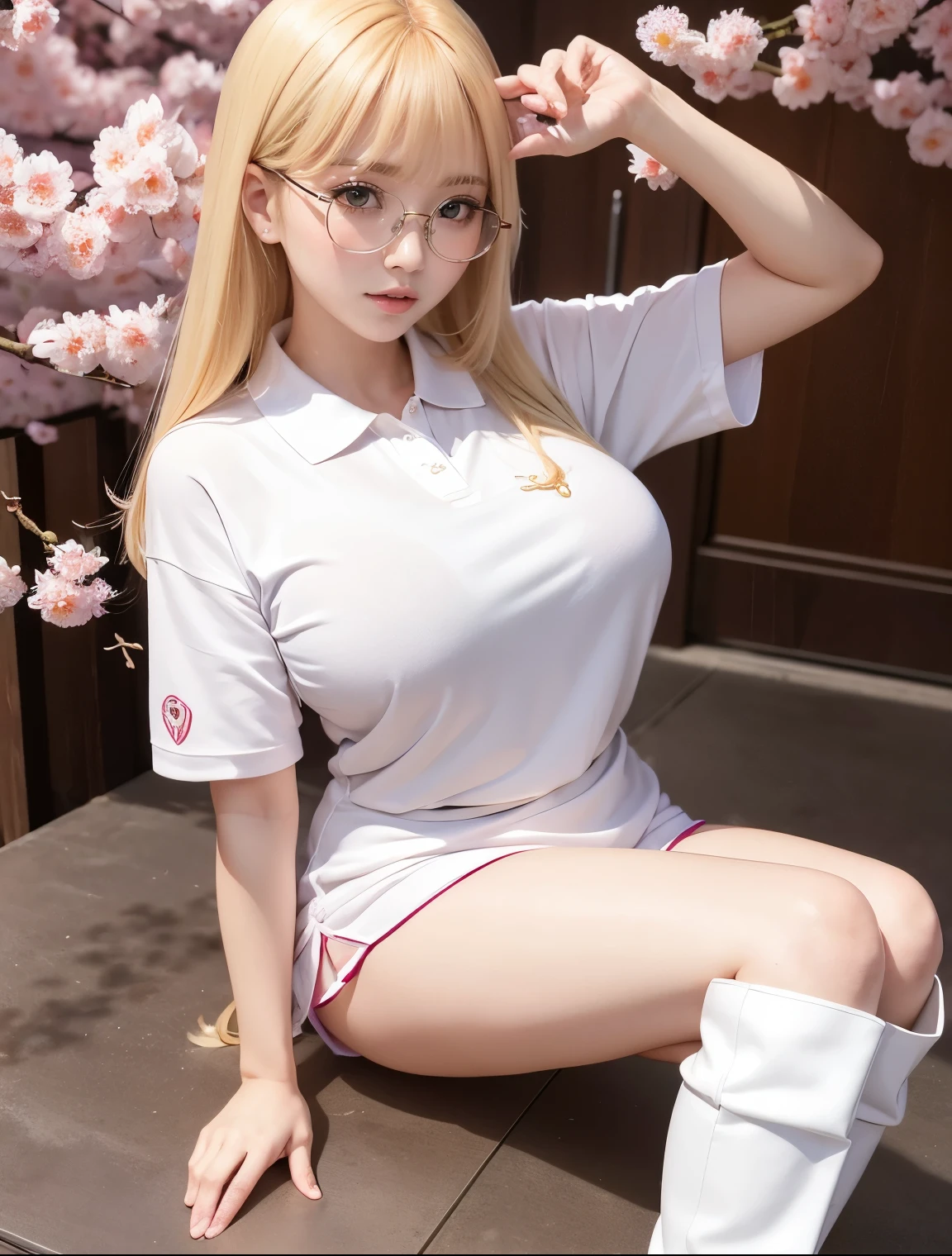 Taiwanese idol girl　blonde with bangs　((Rimless glasses))　big breasts　Super big boobs　　Big eyes　cherry blossoms吹雪　((Polo shirt))　((Enamel Knee High Boots))　A masterpiece of plump thighs　8K　Sit with your legs apart　Drawn from above　Glamorous appearance　cherry blossoms