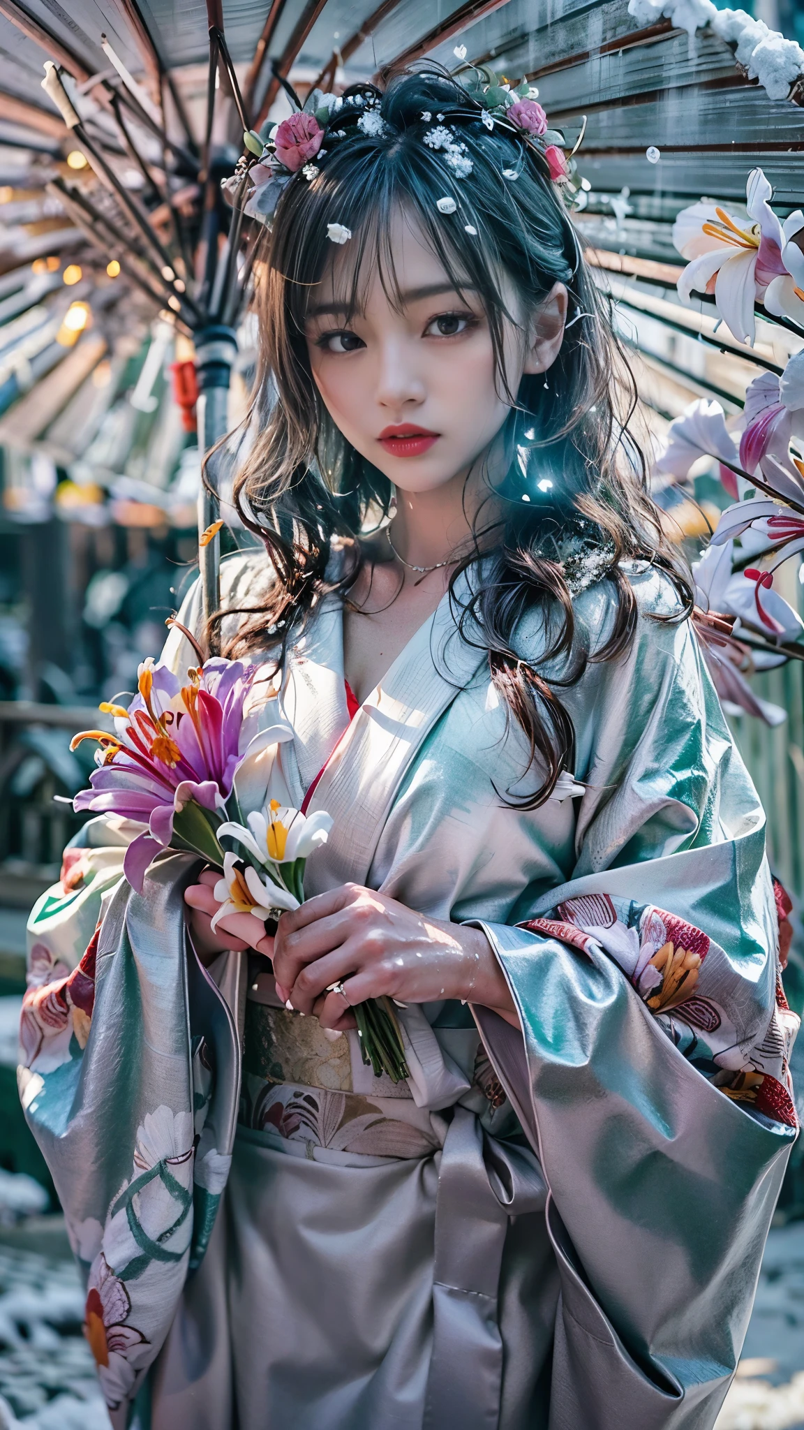 (Realistic:1.5, 16k, highest quality, masterpiece, Ultra-high resolution), (((heavy snow, From below))), Perfect dynamic composition:1.2, (In front of a shrine at night in a modern city, Expressions of sadness:0.9, Low angle shooting:0.9), Highly detailed skin and facial textures:1.2, Young woman getting wet in the rain:1.3, Fair skin:1.2, Sexy beauty:1.1, Incredibly slim body:1.2, beautifully、beautiful:1.1, Very beautiful face:1.2, Water droplets on the skin, (The rain drips down on my body:1.2, Wet body:1.2, Wet Hair:1.3), (Professional kimono dressing:0.7, Holding a bouquet of wet lilies:1.2, Wearing a wet silver kimono:1.3), (Shapely large breasts, Bra is sheer, Chest gap), (Big eyes that exude beautiful eroticism:0.8, Lips that exude beautiful eroticism:0.8), necklace, Earrings, bracelet, wedding ring, Highly detailed and accurate hand and finger representation