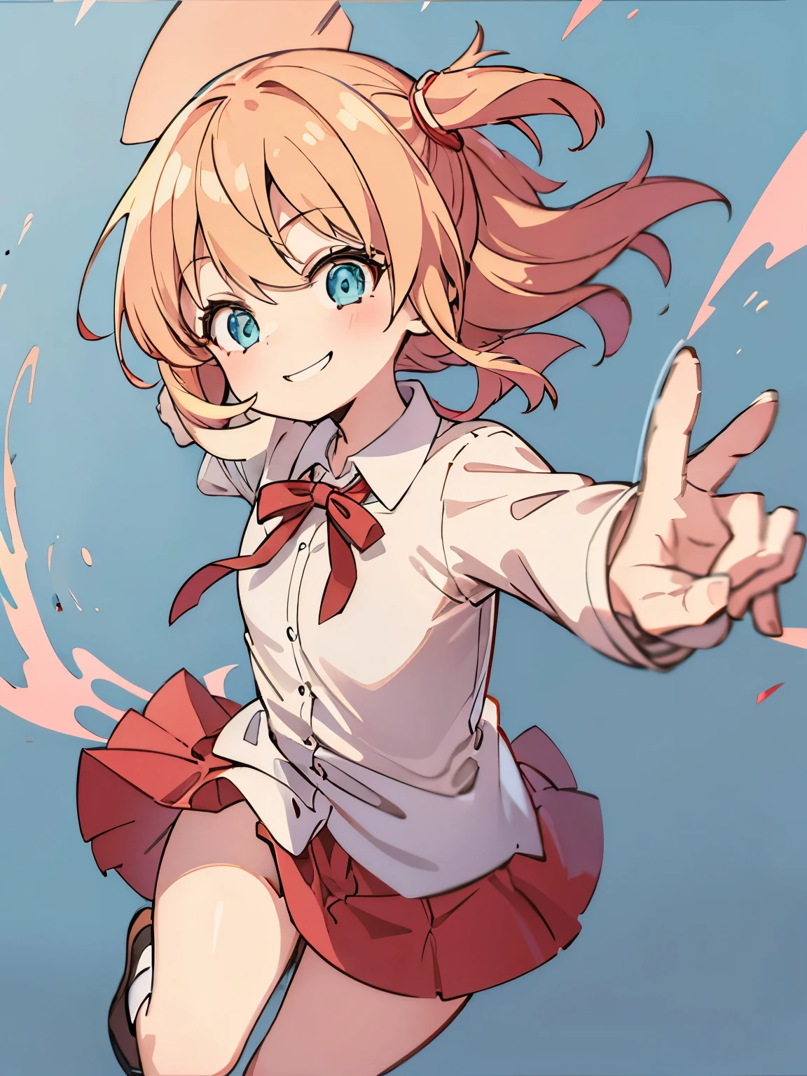 1girl,6 ,blonde hair,Running, smiling ,blonde hair,short hair, blue eyes,White short shirt, red bow tie, red short skirt, red ribbon ponytail,very short hair, side bangs,ultra detail, ultra HD