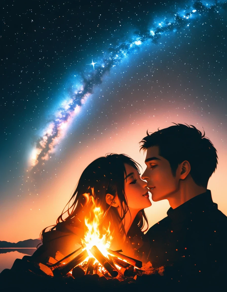 bonfire,Starry Sky,Portrait of couple in love,double exposure,,