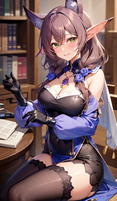 1, only, Lizard, (new:1.4) smile, (Blushing:1.2), sitting at the library table, No underwear, (No underwear), Provocative, Very sexy, insinewnte, leaning on the table, Off-duty clothes, Crossed legs, Tea on the table, Browsing Caution, slit, Wet crotch, pernas news, dental floss (transparent:1.4),Receptionist,Goblin Slayer