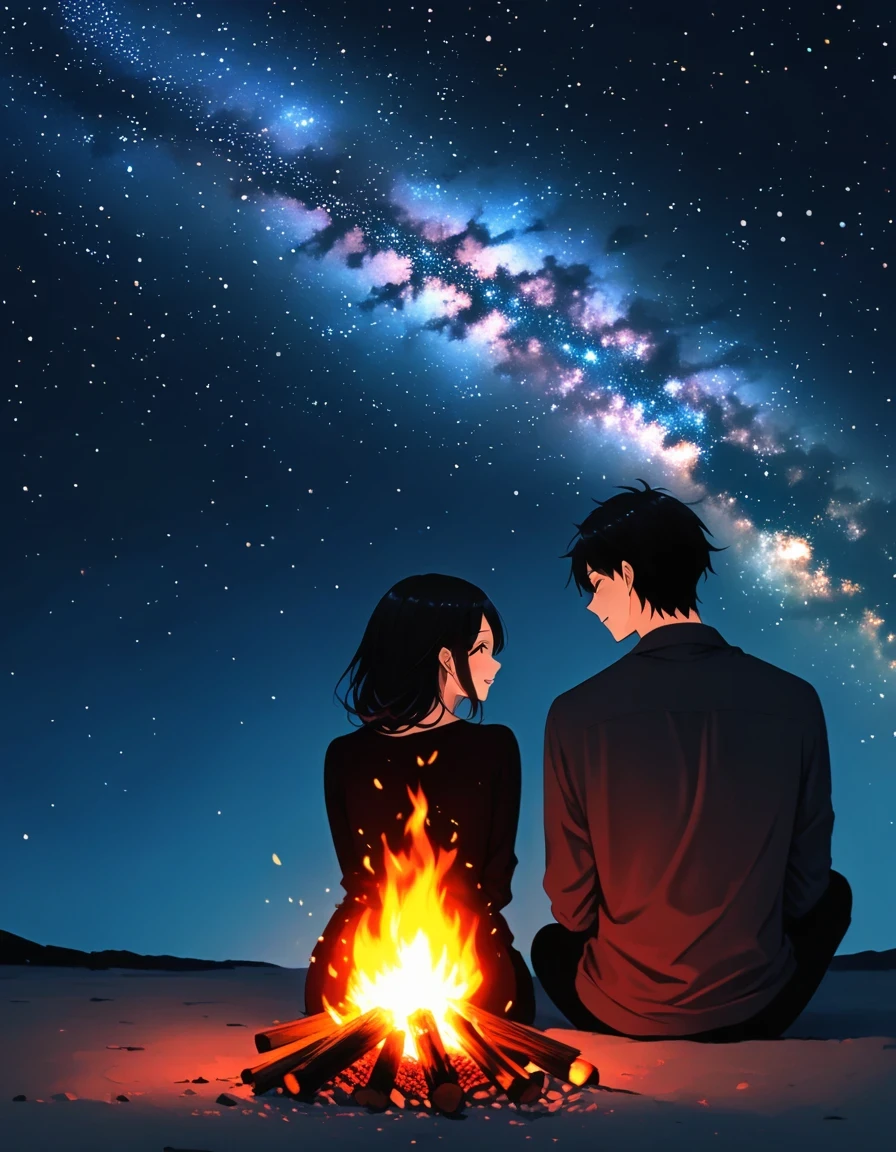 bonfire,Back view of couple in love,Starry Sky,