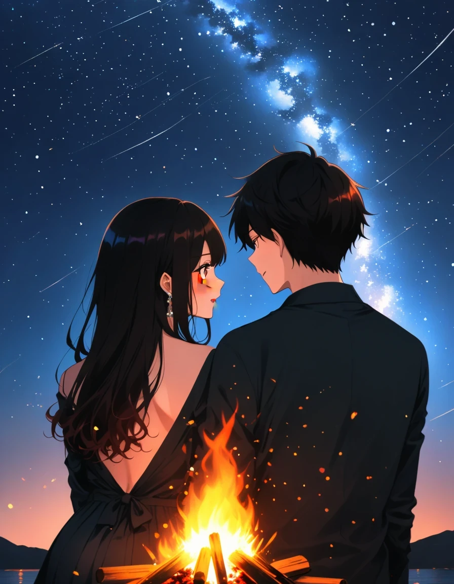 bonfire,Back view of couple in love,Starry Sky,
