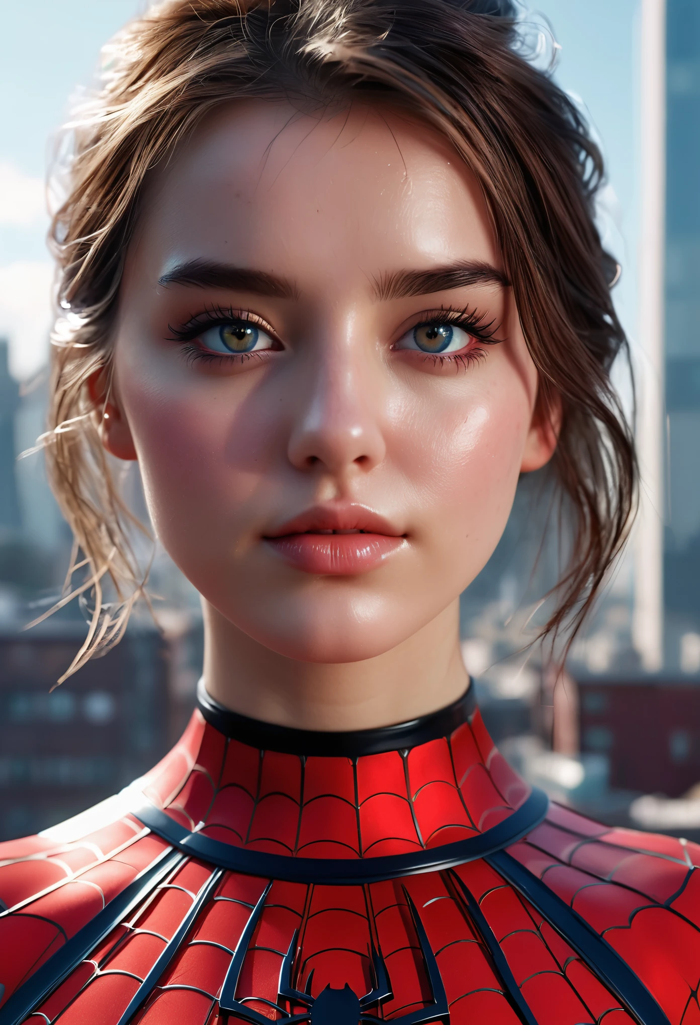 (1girl:1.3), Solo, (((Very detailed face)))), ((Very detailed eyes and face)))), Beautiful detail eyes, Body parts__, Official art, Unified 8k wallpaper, Super detailed, beautiful and beautiful, beautiful, masterpiece, best quality, original, masterpiece, super fine photo, best quality, super high resolution, realistic realism, sunlight, full body portrait, amazing beauty, dynamic pose, delicate face, vibrant eyes, (from the front), She wears Spider-Man suit, red and black color scheme, spider, very detailed city roof background, rooftop, overlooking the city, detailed face, detailed complex busy background, messy, gorgeous, milky white, highly detailed skin, realistic skin details, visible pores, clear focus, volumetric fog, 8k uhd, DSLR, high quality, film grain, fair skin, photo realism, lomography, futuristic dystopian megalopolis, translucent