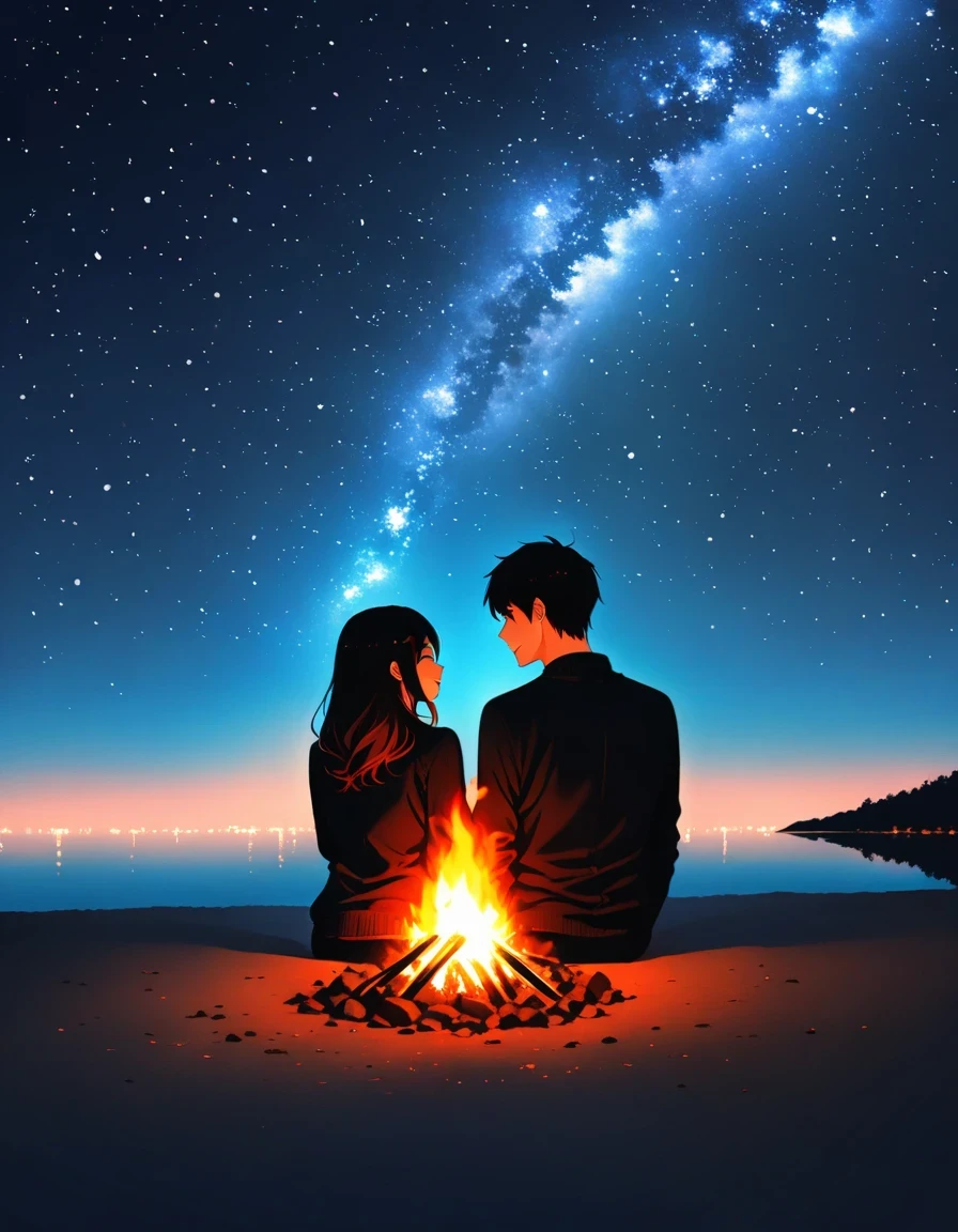 bonfire,Back view of couple in love,Starry Sky,