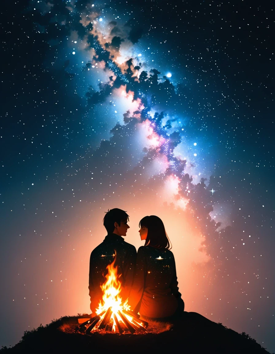 bonfire,Back view of couple in love,  double exposure,Starry Sky,