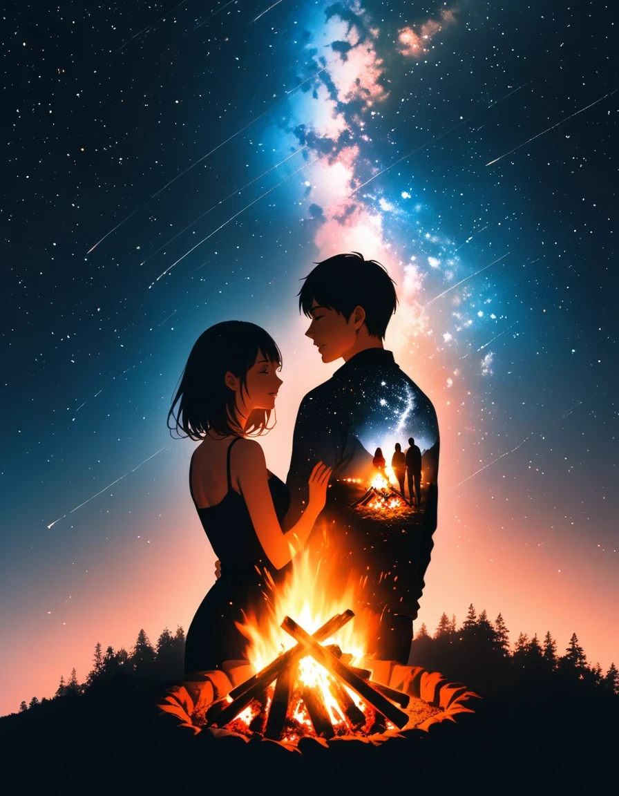 bonfire,Back view of couple in love,  double exposure,Starry Sky,