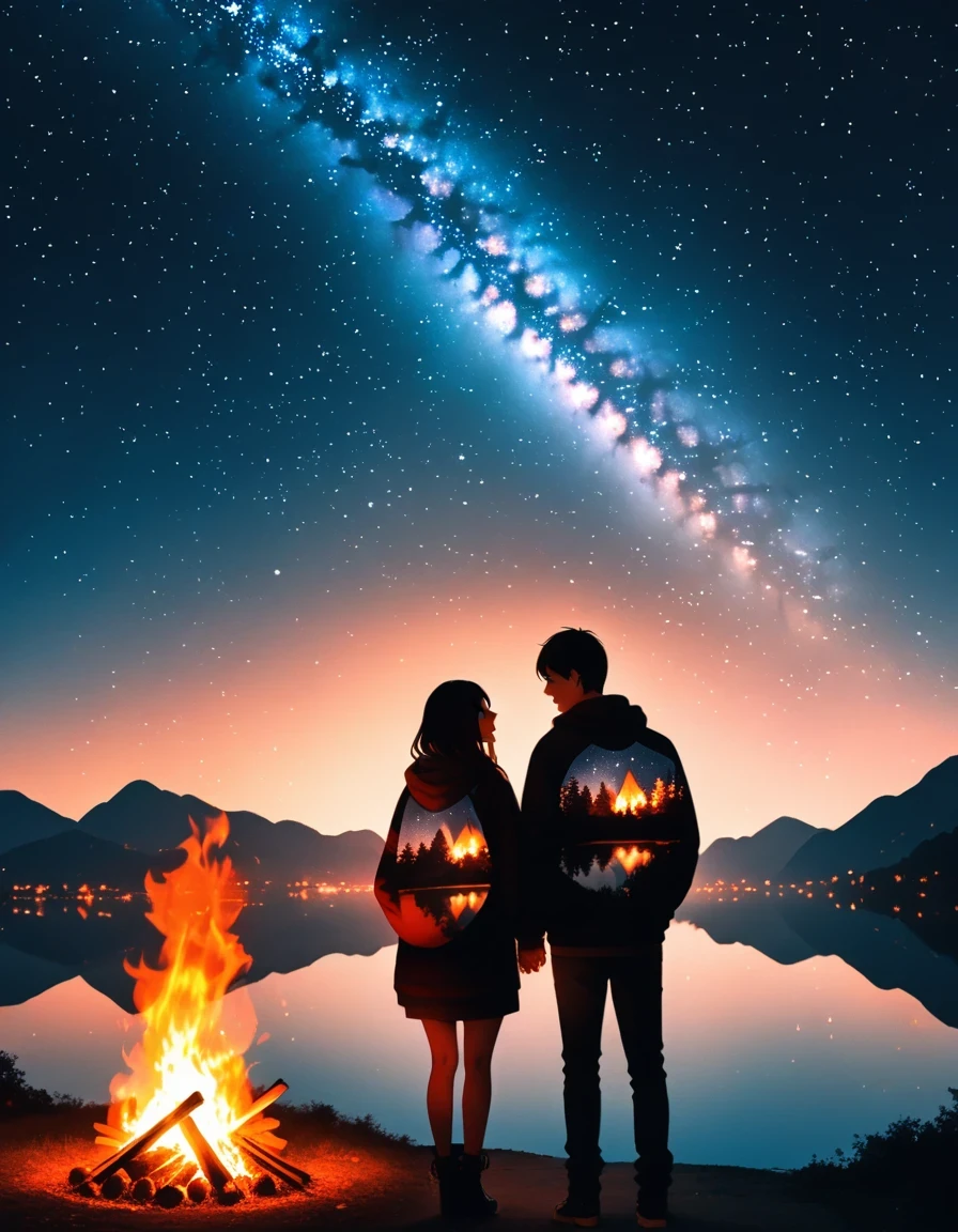 bonfire,Back view of couple in love, double exposure,Starry Sky,