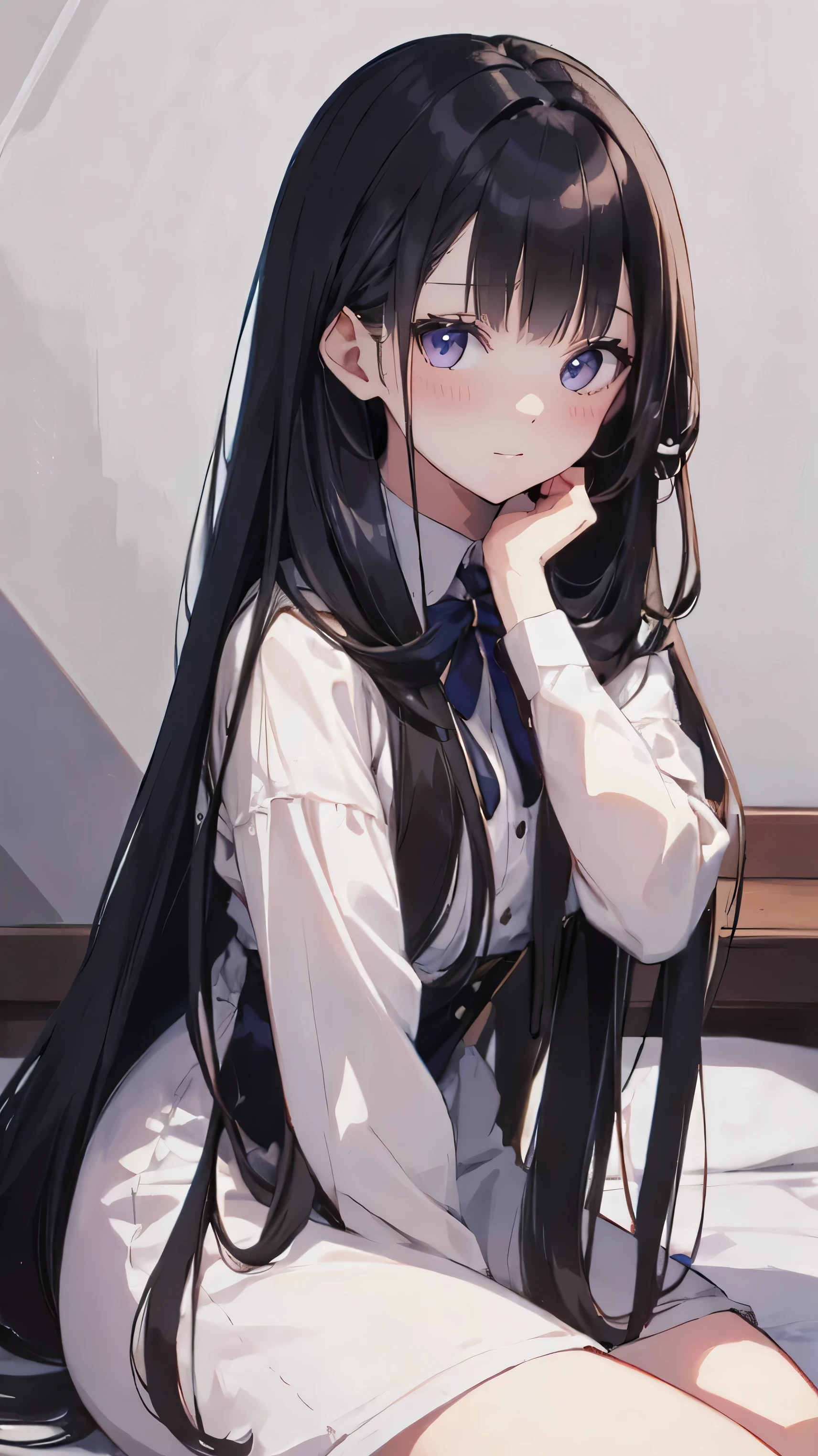 Masterpiece、Highest quality、highest quality、Black Hair、Shiny hair quality、Small face、Girl、Sitting、Super detailed, beautiful, wide eyes、Ultra-detailed, clear and beautiful faces、(cute illustration:1.2), High-resolution, ultra-detailed, best quality, embarrassed