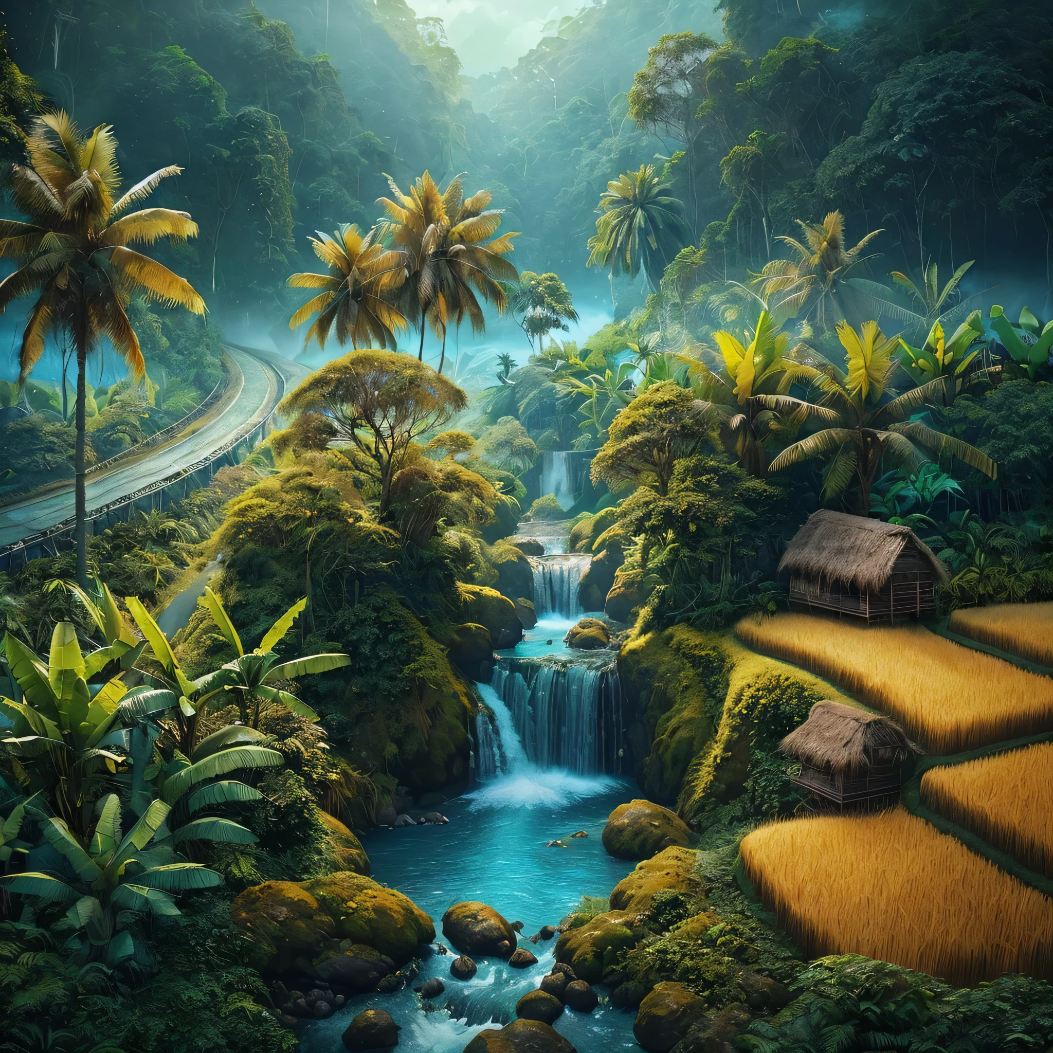Create beautiful and enchanting hyperrealistic landscape images, coconut trees on the river bank, banana trees with partially dry leaves, fern trees. small waterfall flowing with clear blue water, surrounded by rocks and plants, dark forest, old huts in the middle of green and yellow rice fields, similar hills in the background