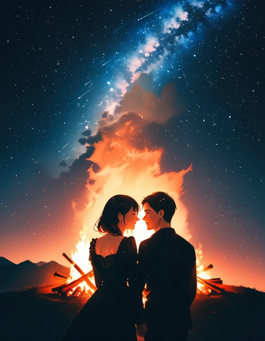 bonfire,Back view of couple in love, double exposure,Starry Sky,