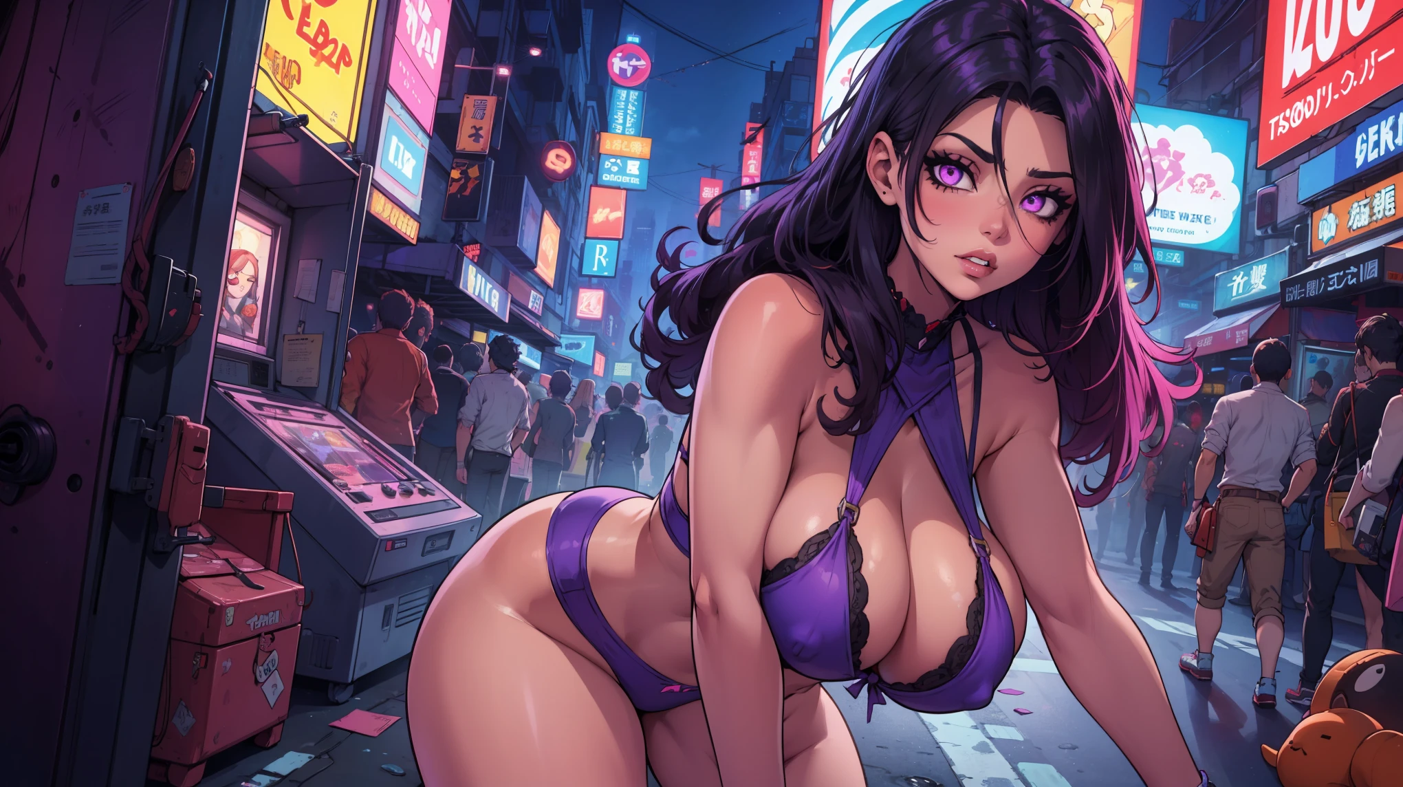 absurdres, [perfect shadows and lighting], detailed background, incredible high-key lighting, masterpiece, high quality, detailed, extremely detailed, ambient soft lighting, 4K, 1girl, glowing, glowing eyes, hair between eyes, huge breasts, lips, long hair, looking at viewer, navel, parted lips, plump, purple eyes, solo, big breasts, arms at sides, (purple theme), Tokyo 80's Synthwave music 🎧 Chillwave Cyberpunk electro arcade mix🎵
