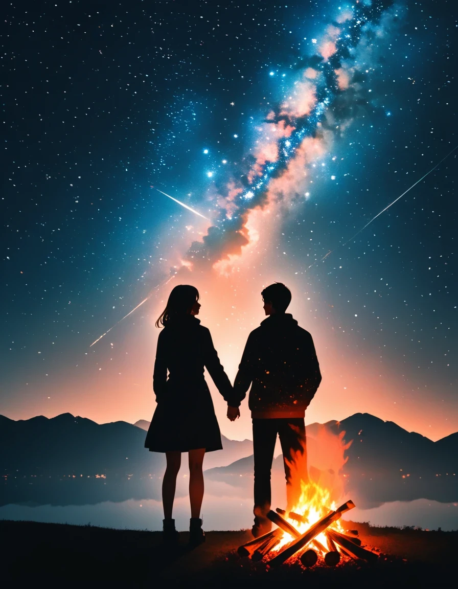 bonfire,Back view of couple in love, double exposure,Starry Sky,