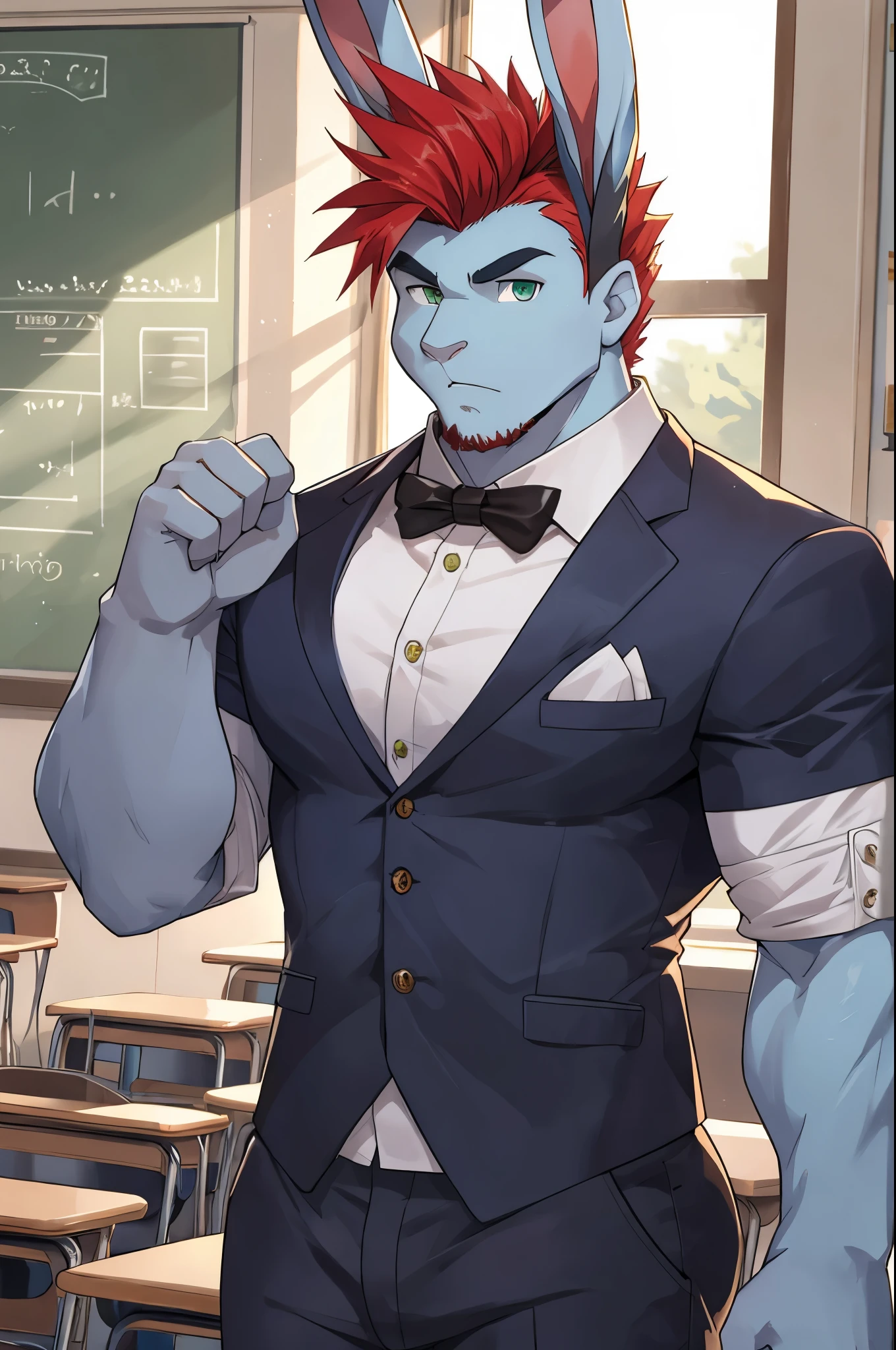 perfect face, bara furry, rabbit man, big body, sky blue skin, short quiff red hair, green eyes, perfect eyes, big rabbit ears, handsome, at school