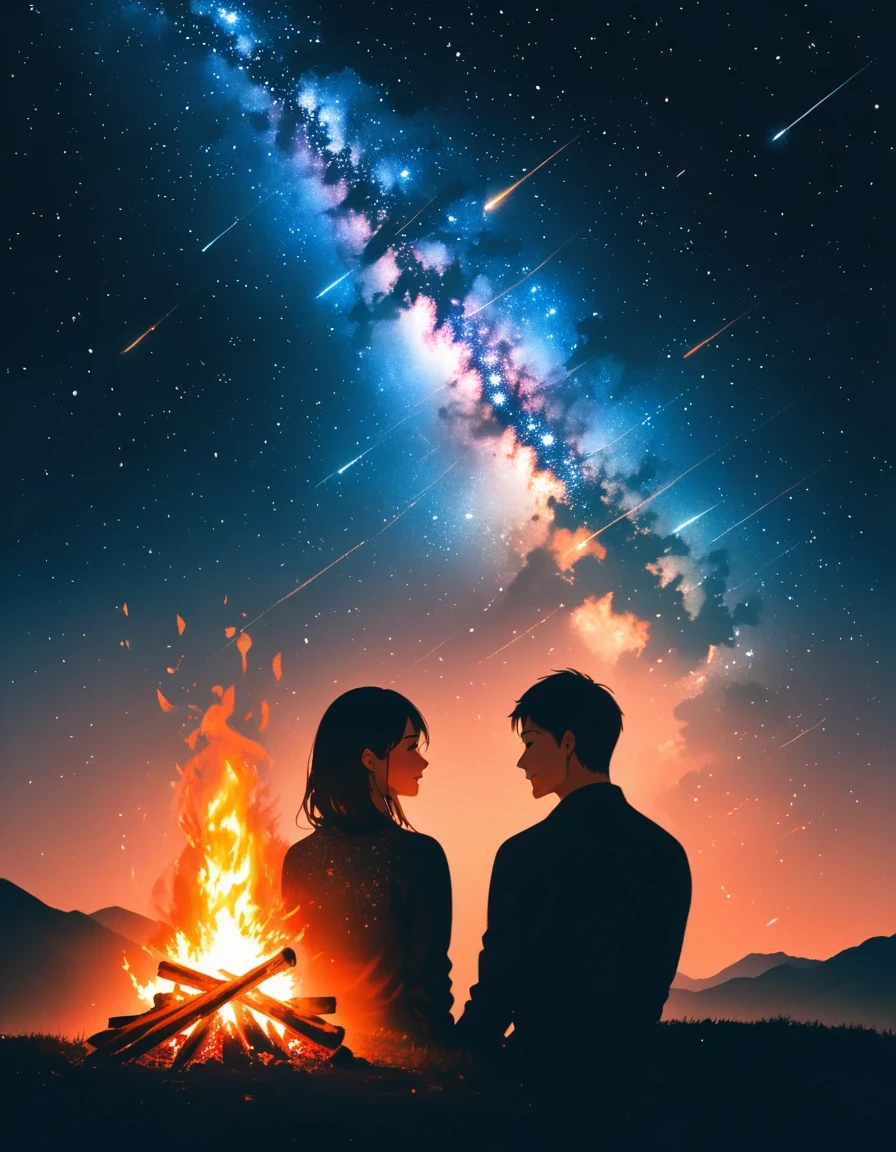 bonfire,Back view of couple in love,  double exposure,Starry Sky,