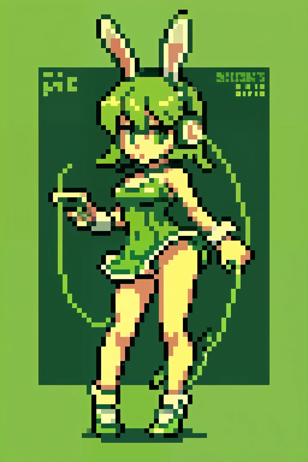 green theme, limited color, gb_palette, masterpiece, best quality, 1girl, bunny girl, (masterpiece, top quality, best quality), pixel,pixel art,1girl,full body, holding a gameboy, earphones