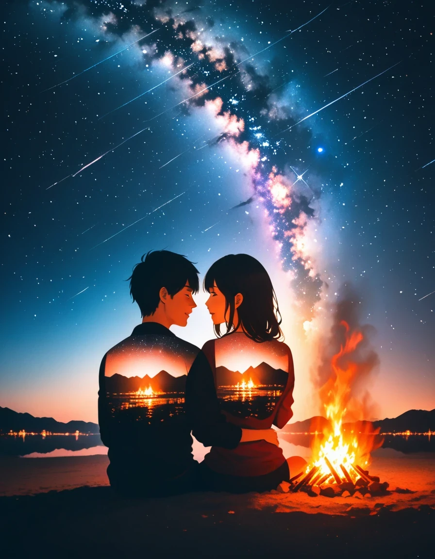 bonfire,Back view of couple in love, double exposure,Starry Sky,