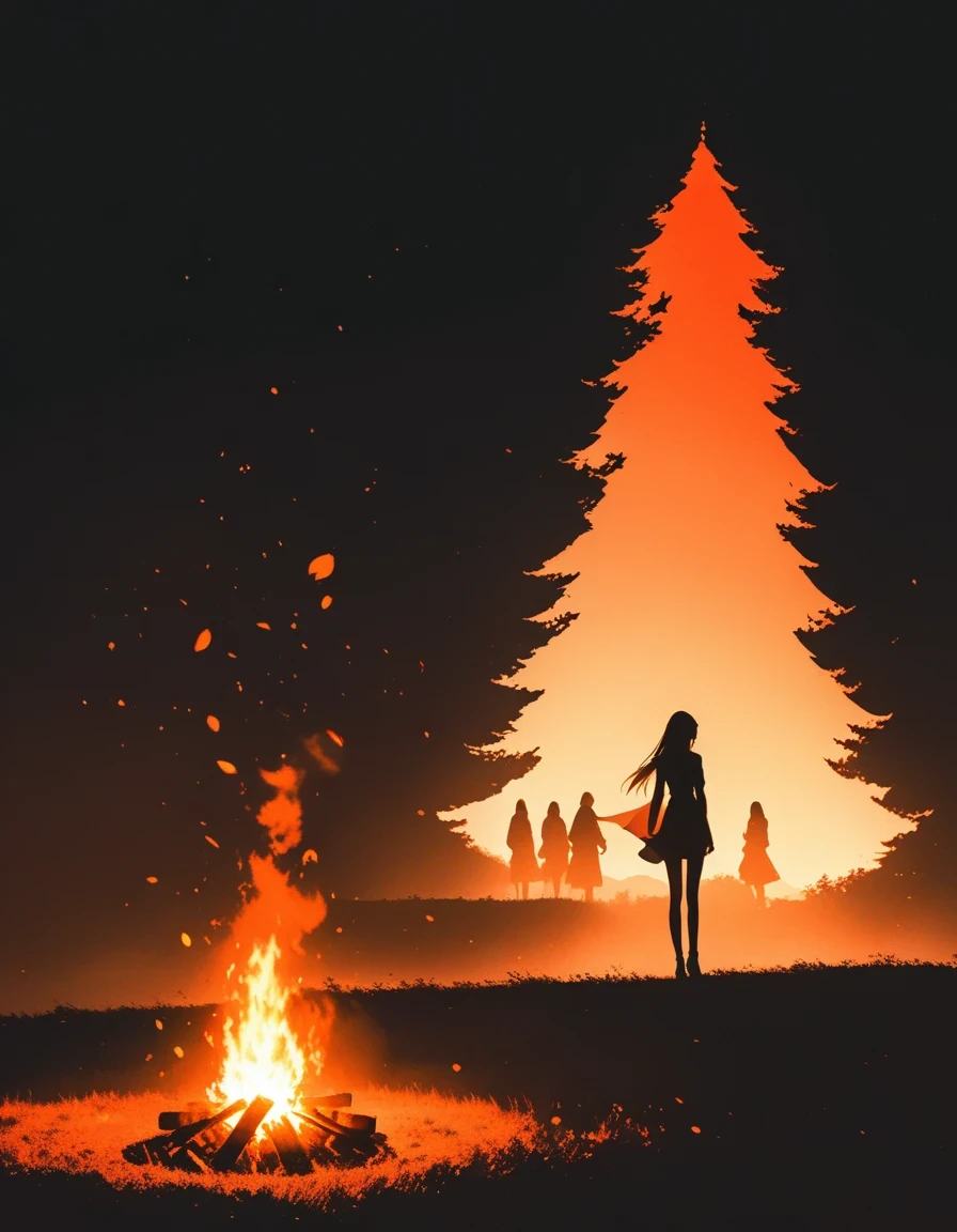 bonfire，Beautiful dancer&#39;s slender shadow on the ground，double exposure，Solitary，bonfire