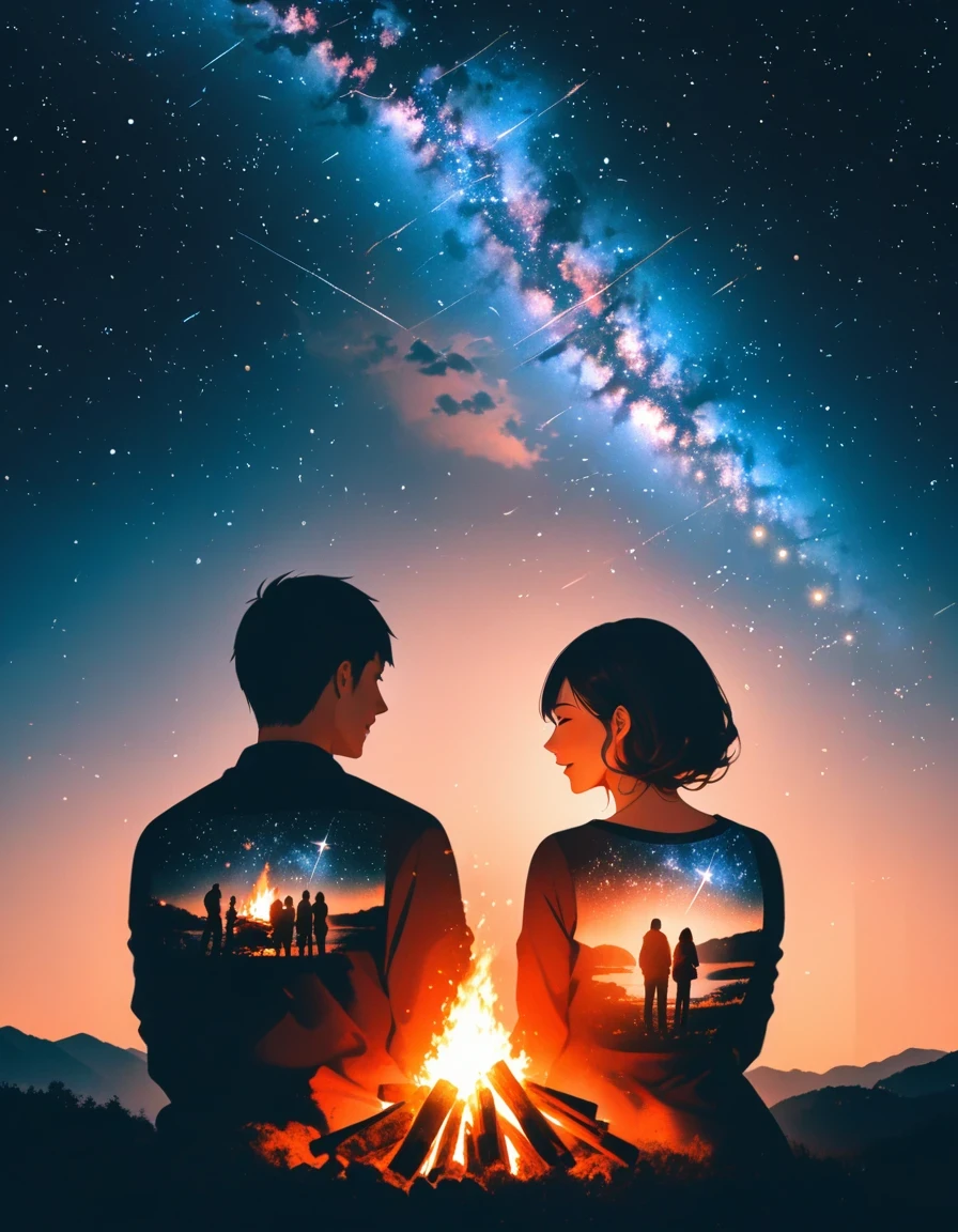 bonfire,Back view of couple in love,  double exposure,Starry Sky,