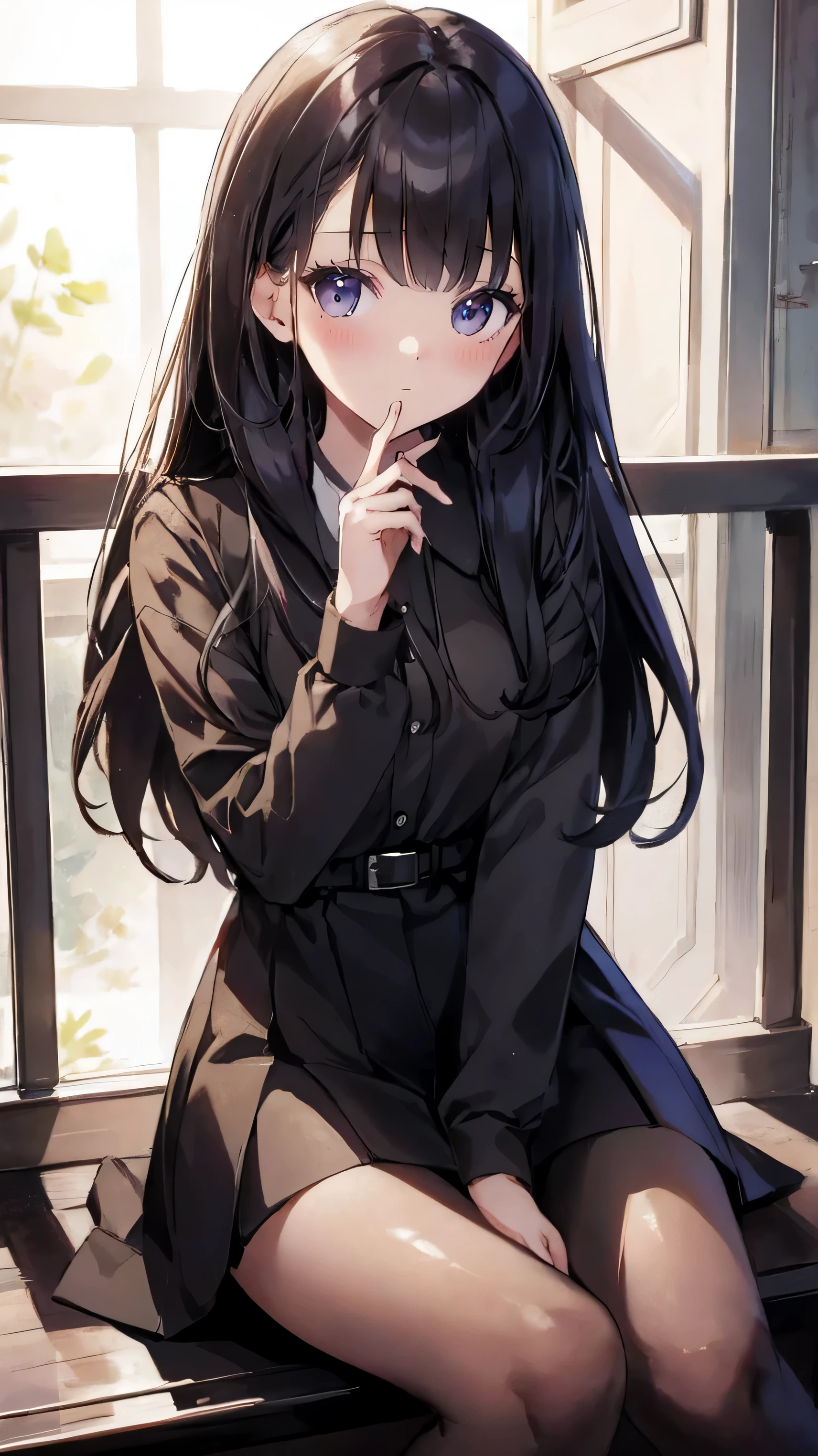 Masterpiece、Highest quality、highest quality、Black Hair、Shiny hair quality、Small face、Girl、Sitting、Super detailed, beautiful, wide eyes、Ultra-detailed, clear and beautiful faces、(cute illustration:1.2), High-resolution, ultra-detailed, best quality, embarrassed