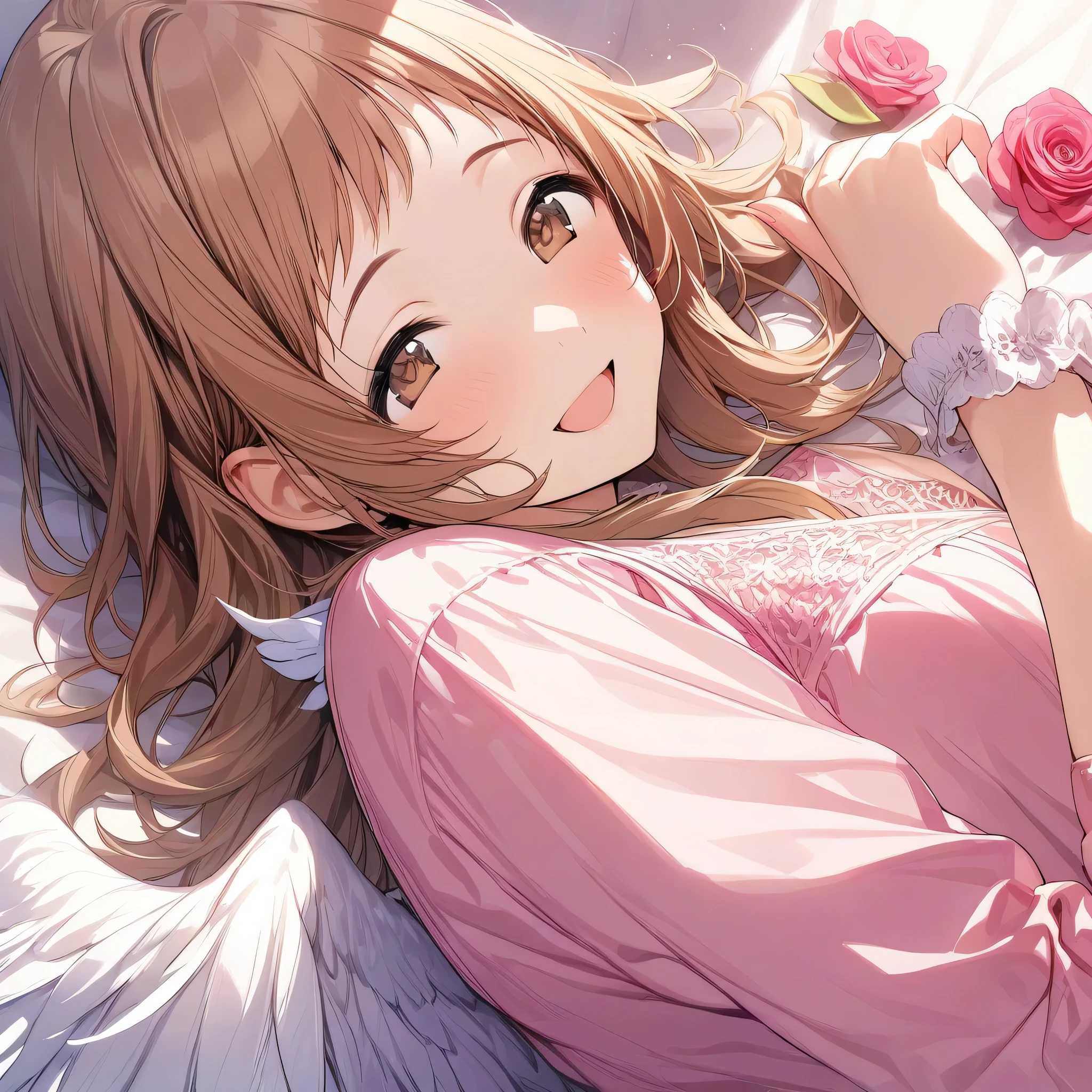 (masterpiece),(best quality),(ultra-detailed),(best illustration),(best shadow),(absurdres),(detailed background),(very aesthetic), 1girl, solo, mano sakuragi, brown eyes, brown hair, pink dress, smile, open mouth,flower, long hair, rose, lying on bed, from above view, lying on side, white feathers, feathered wings accessory, five finger