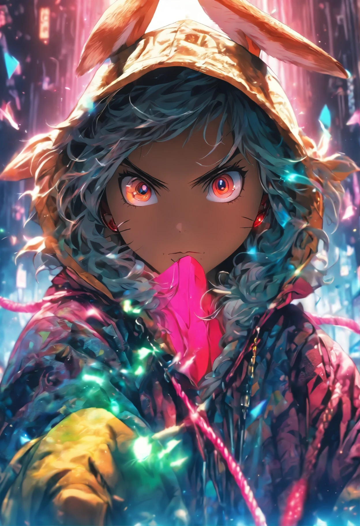 ((((masterpiece, best quality, ultra detail, very_high_resolution, large_filesize, full color)))), cool rabbit, sharp eyes, cool, Red pupils, Wearing an oversized hoodie, Colorful hoodies, Carrying a weapon with a metal ball attached to it on a chain,