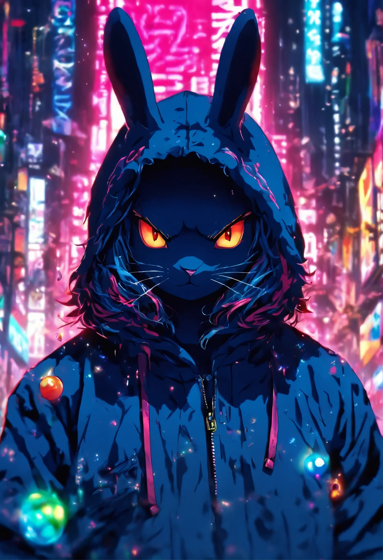 ((((masterpiece, best quality, ultra detail, very_high_resolution, large_filesize, full color)))), Cool rabbit, sharp eyes, cool, Red pupils, Wearing an oversized hoodie, Colorful hoodies, Carrying a weapon with a metal ball attached to it on a chain,